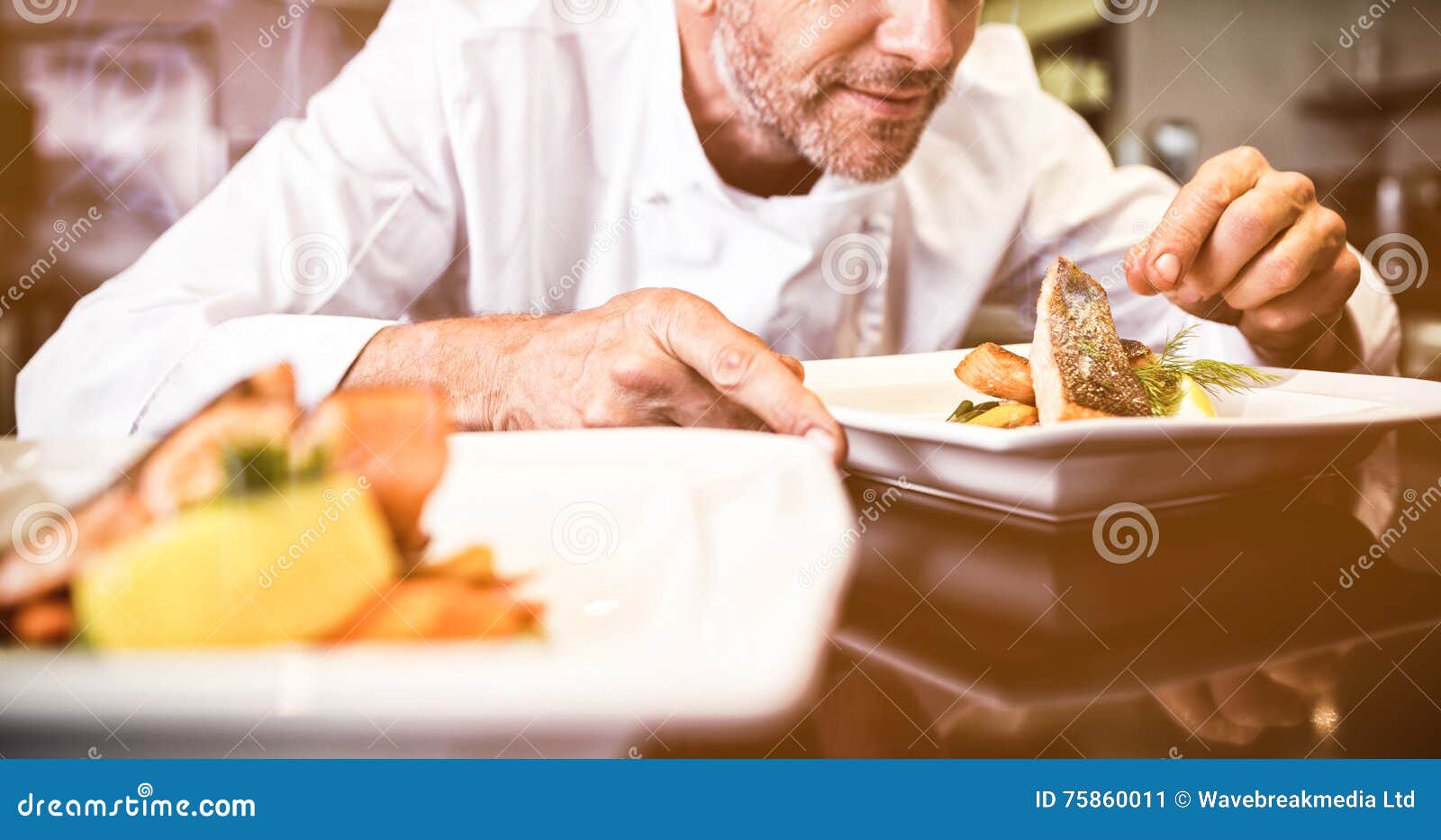 concentrated male chef garnishing food in kitchen