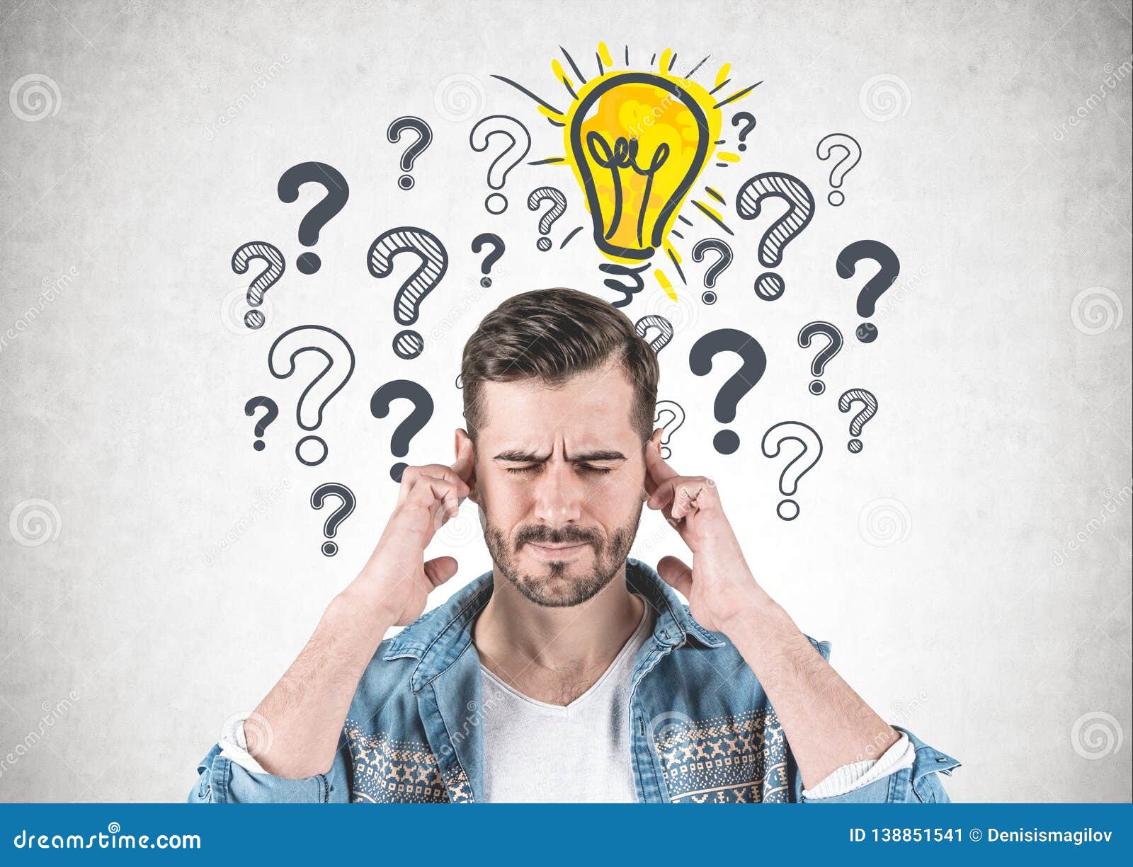 Concentrated Man Light Bulb And Question Marks Stock Illustration Illustration Of Brain