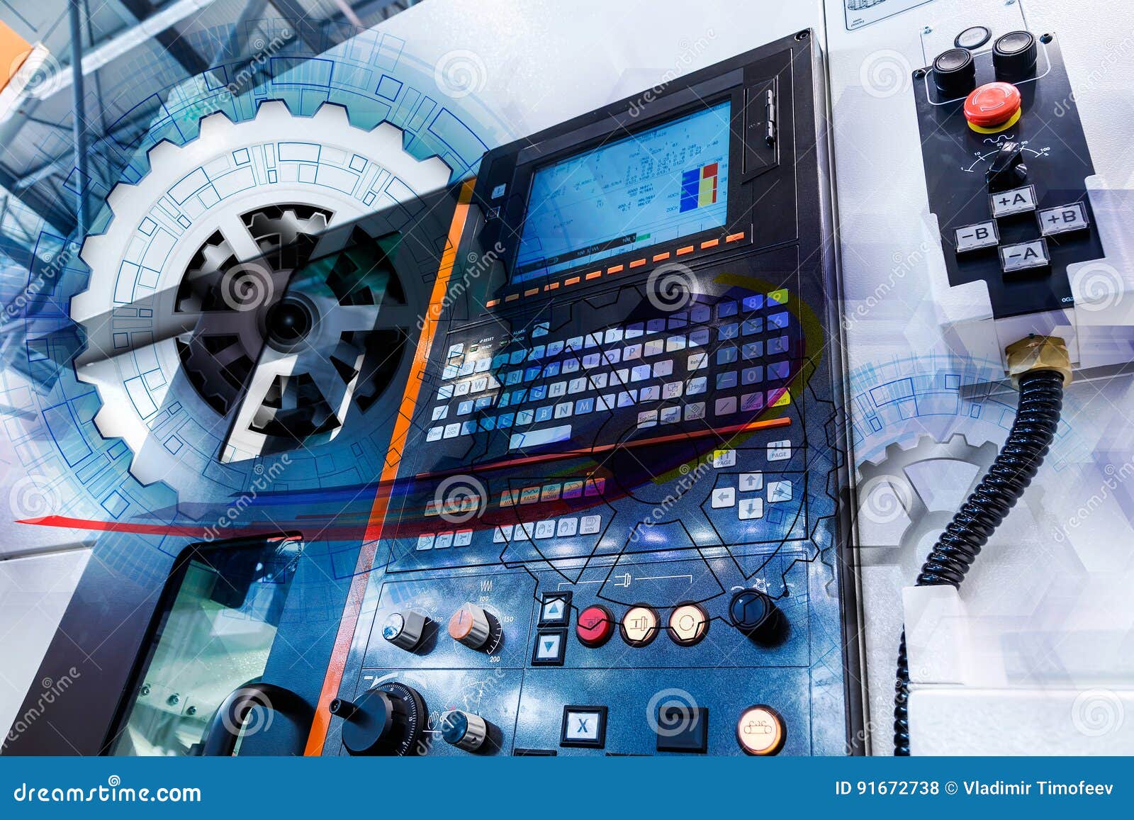 concept of abstract drawing of gears and automated modern machine with numerical control cnc