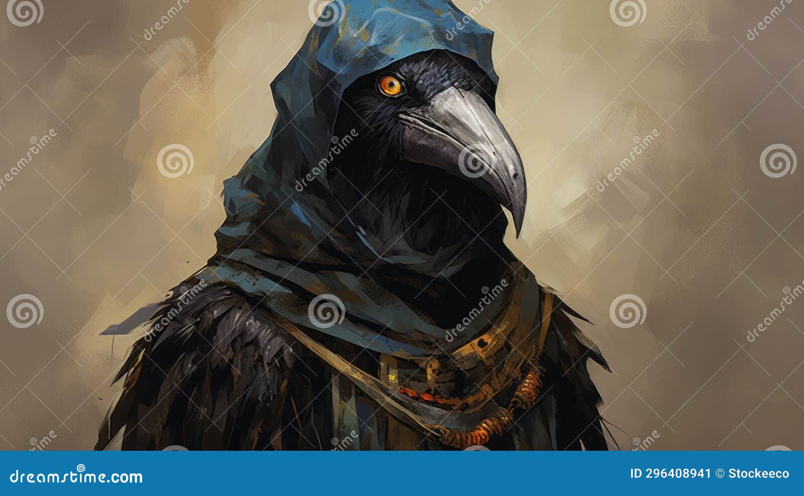 concept art: black and blue crow in hooded robe