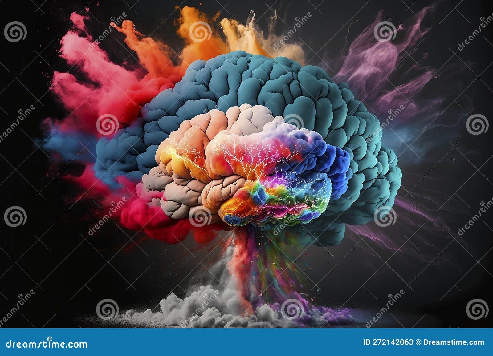 Concept art of a human brain exploding with knowledge and creativity, colourful powder, smoke - ai