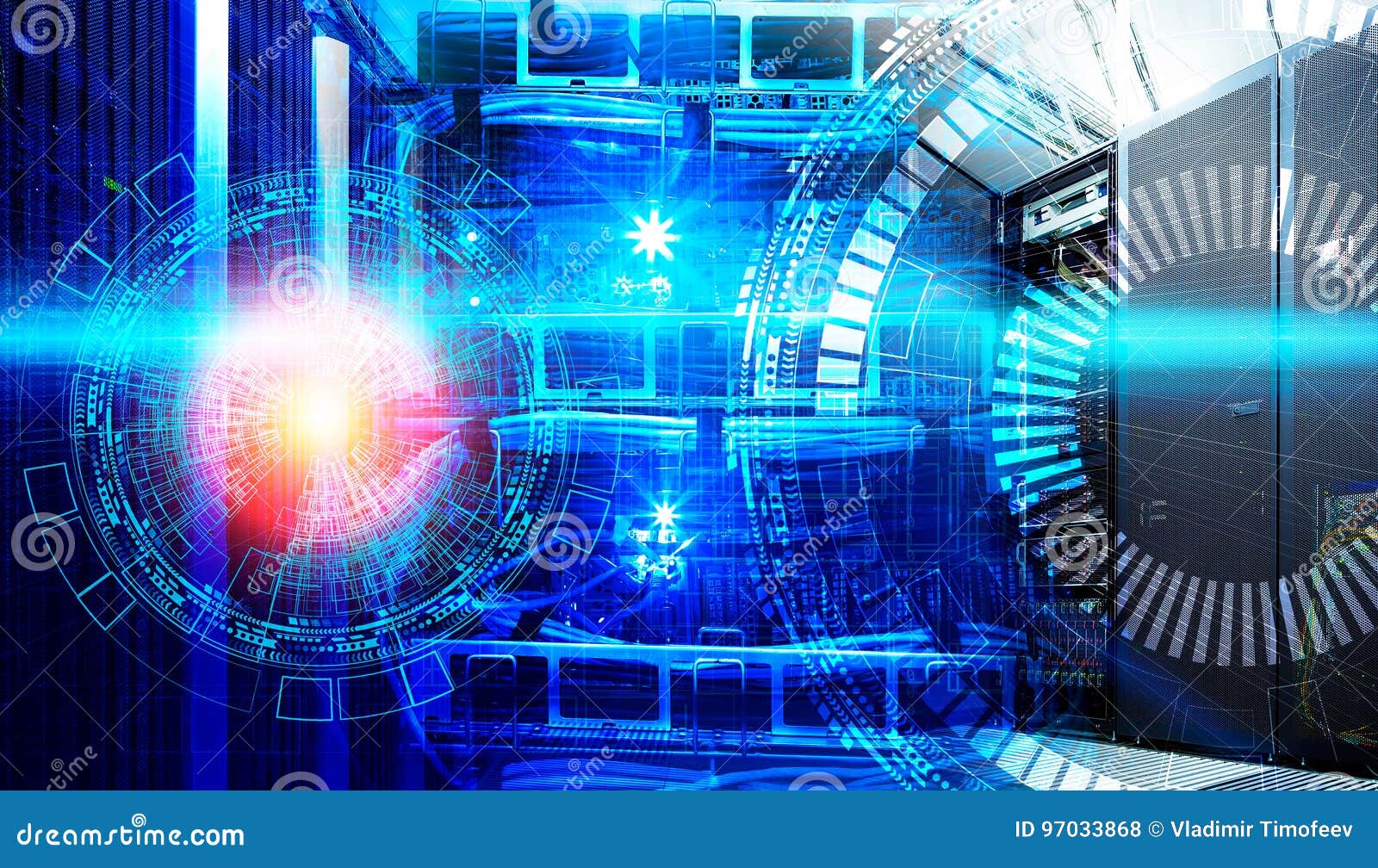 concept of big data information technology. servers and cables of modern data center with holograms technological