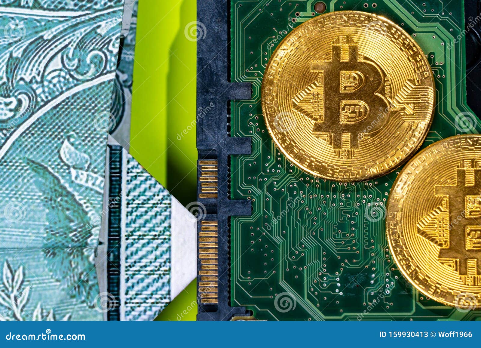 Concept Of Bitcoin Mining. A Little Miner Is Digging For Bitcoin With Graphic Card Dollars ...