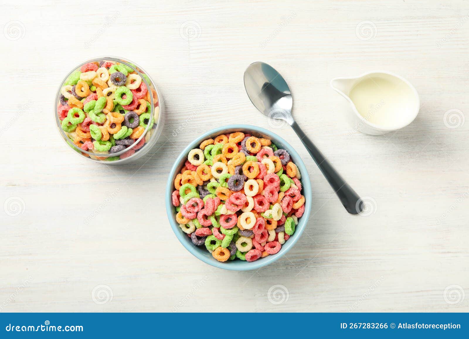 Concept of Breakfast Food, Colorful Corn Flakes, Top View Stock Photo