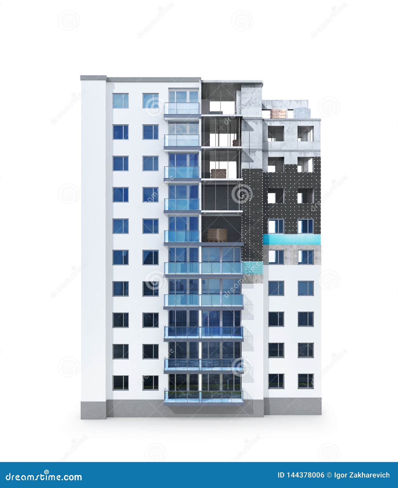 concept of building a residential house, the scheme of warming the facade of a high-rise building