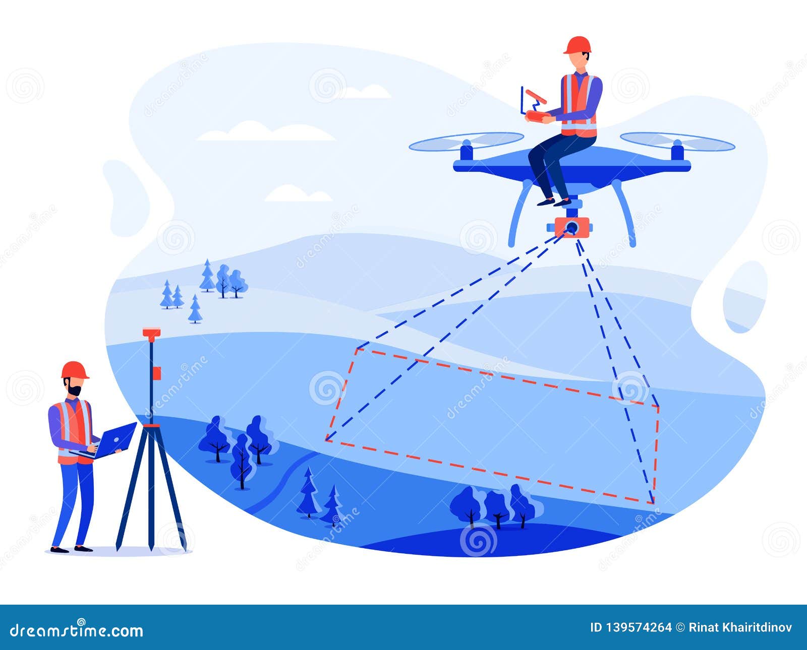 concept cadastral engineers, surveyors and cartographers make geodetic measurements using a drone, copter