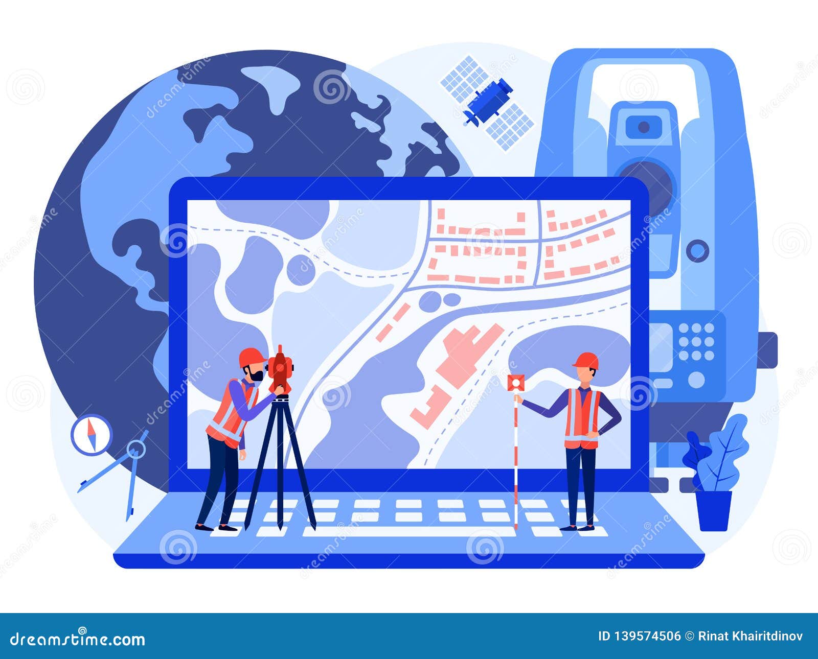 concept cadastral engineers, surveyors and cartographers produce geodetic survey of the area using theodolite and map on a laptop