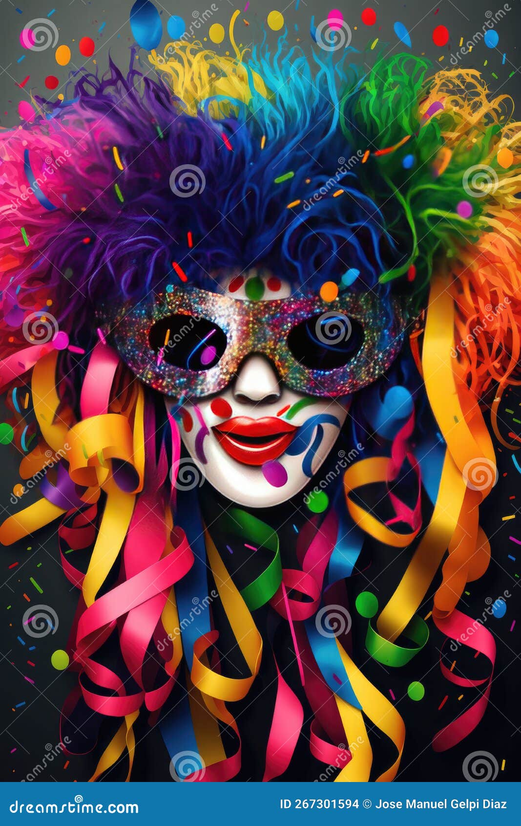 Concept of the Carnival. Colorful Masks, Crazy Wigs, Symbol of the