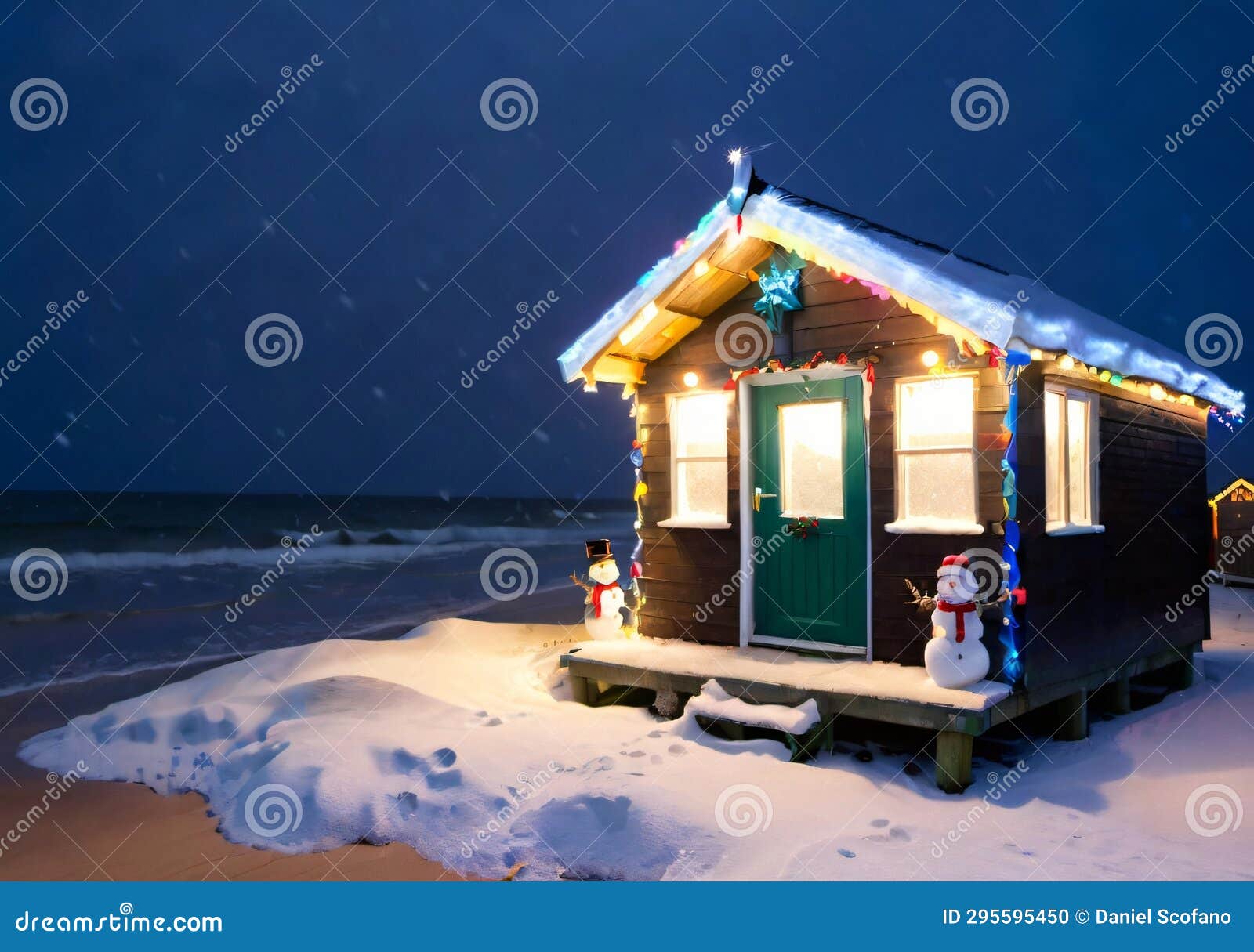 Christmas Lights on a Beach Hut, with a Backdrop of Snow instead of