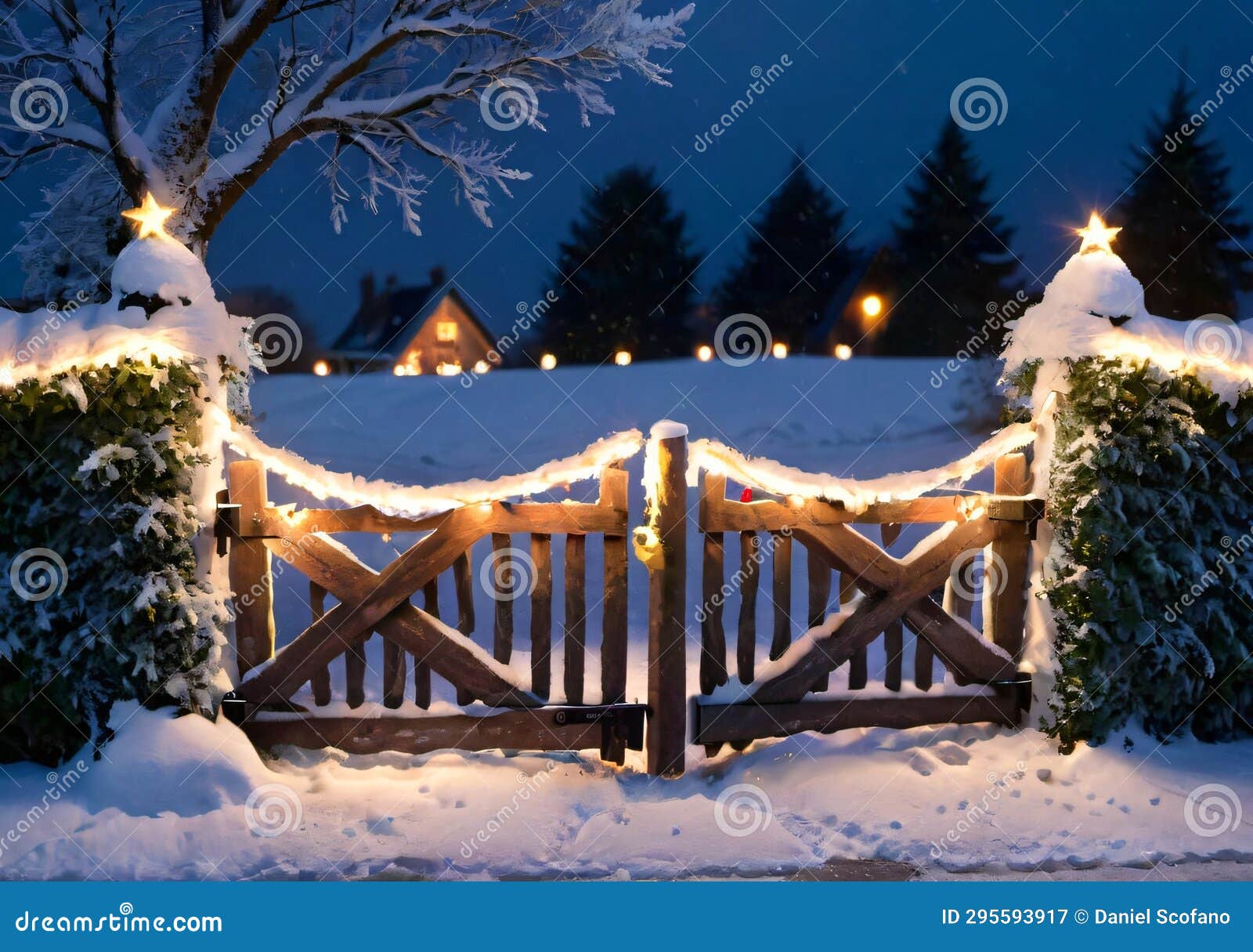 Christmas Lights Draped Over a Snowy Hedge, with a Rustic Gate at