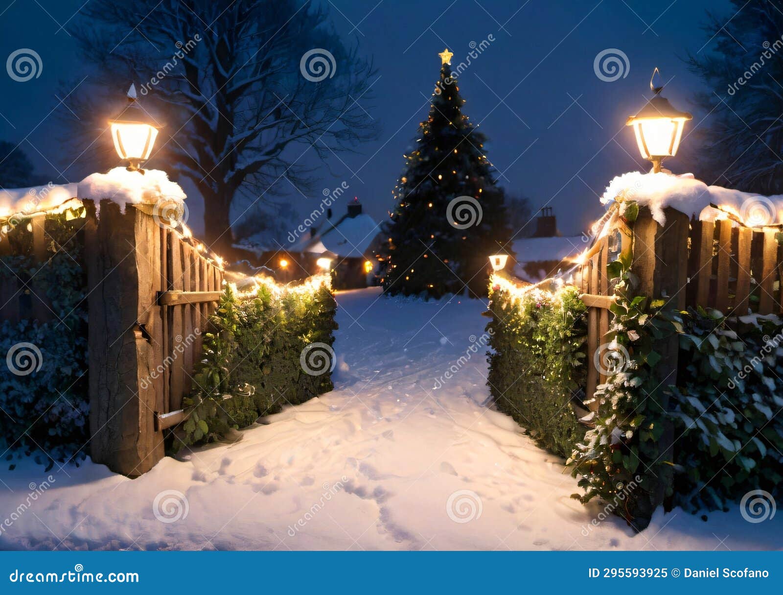 Christmas Lights Draped Over a Snowy Hedge, with a Rustic Gate at
