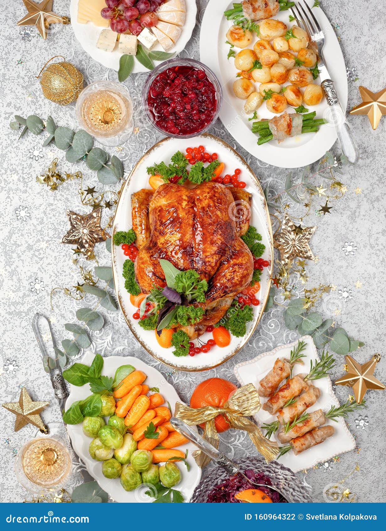 Concept of Christmas or New Year Dinner with Roasted Chicken and ...