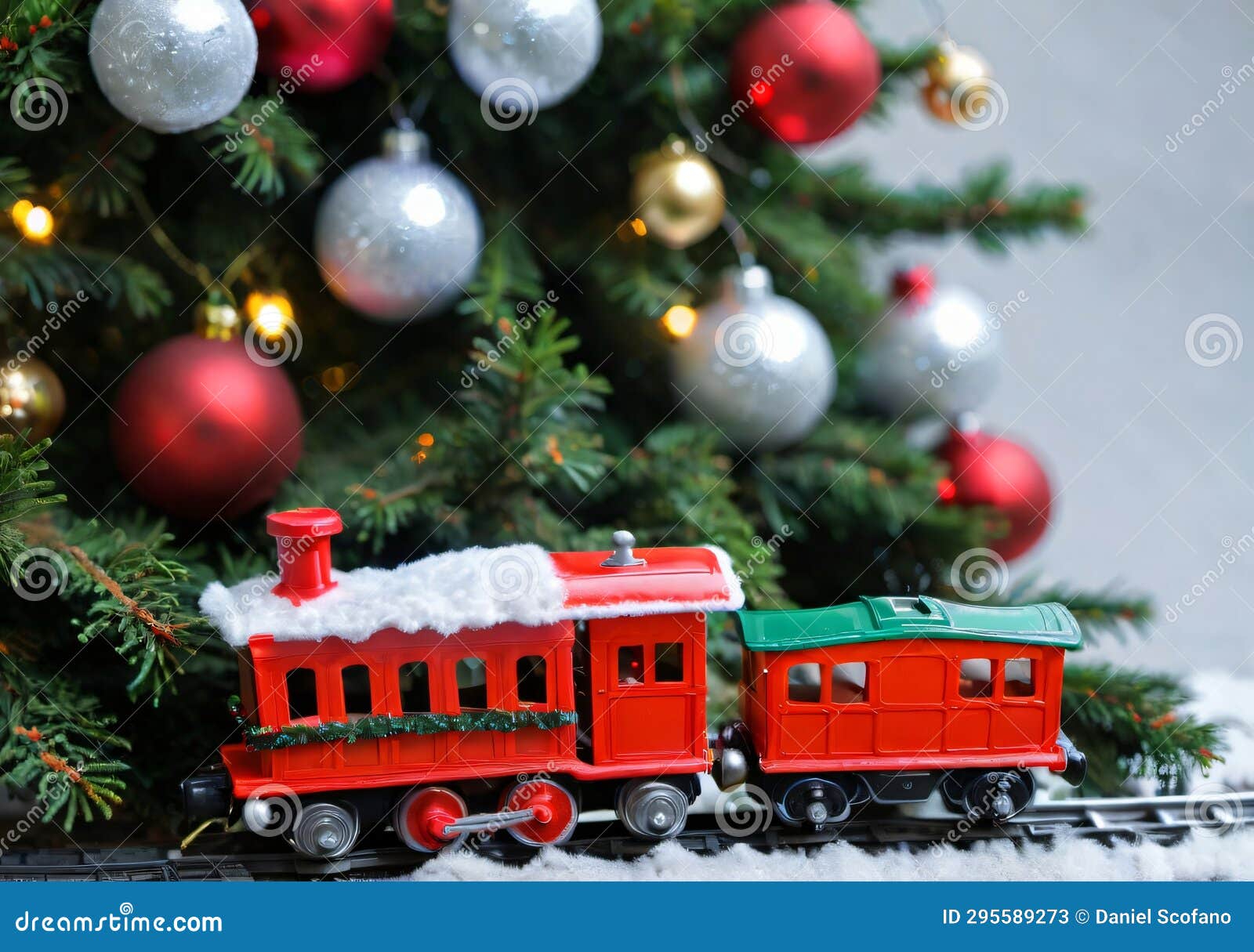 A Christmas Toy Train Under a Tree, with a Front Angle. Generative AI