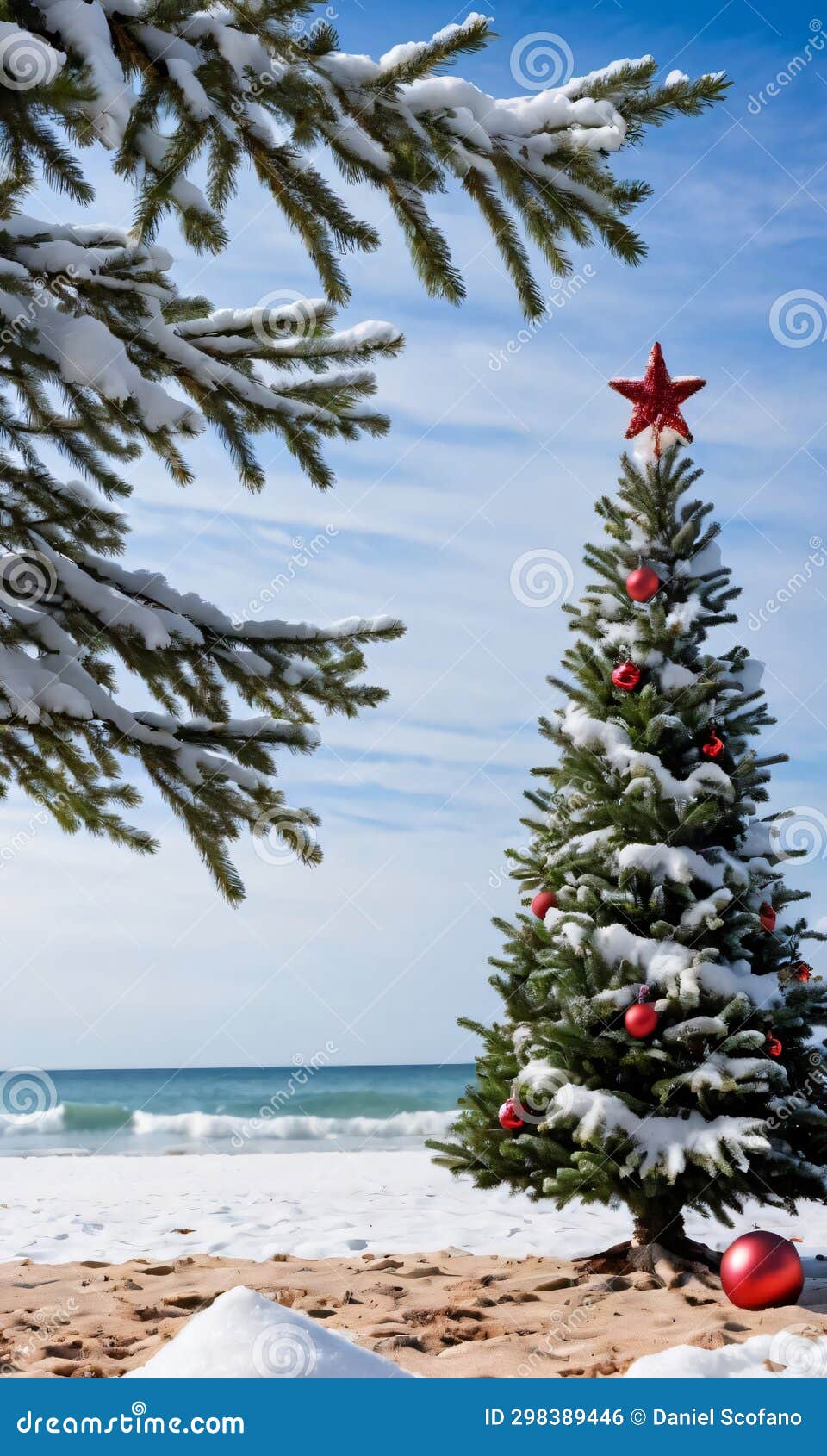 A Christmas Tree on a Beach with a Snowy Backdrop. Generative AI Stock