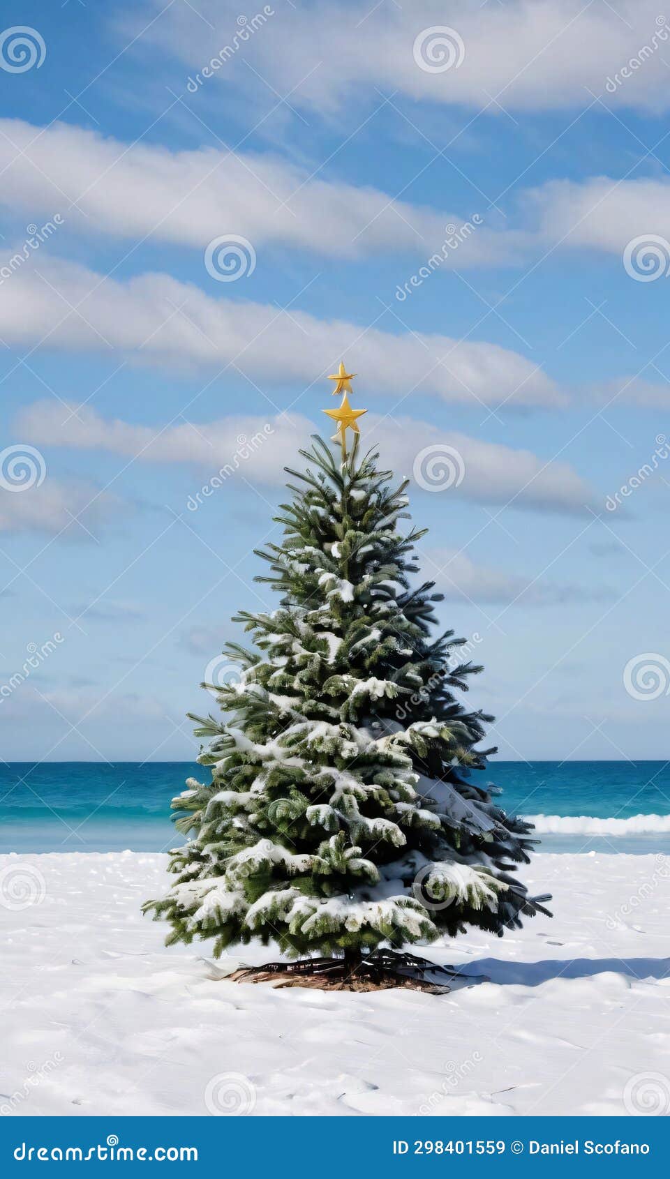 A Christmas Tree on a Beach with a Snowy Backdrop. Generative AI Stock