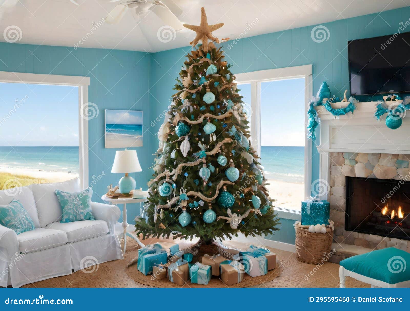 A Christmas Tree with BeachThemed Decorations, in a Coastal Home