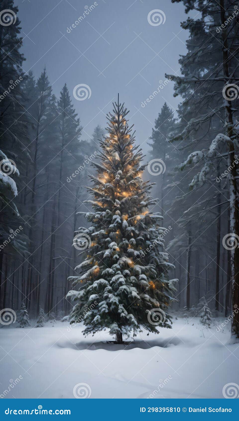 A Christmas Tree in a Snowy Forest Clearing during a Thunderstorm