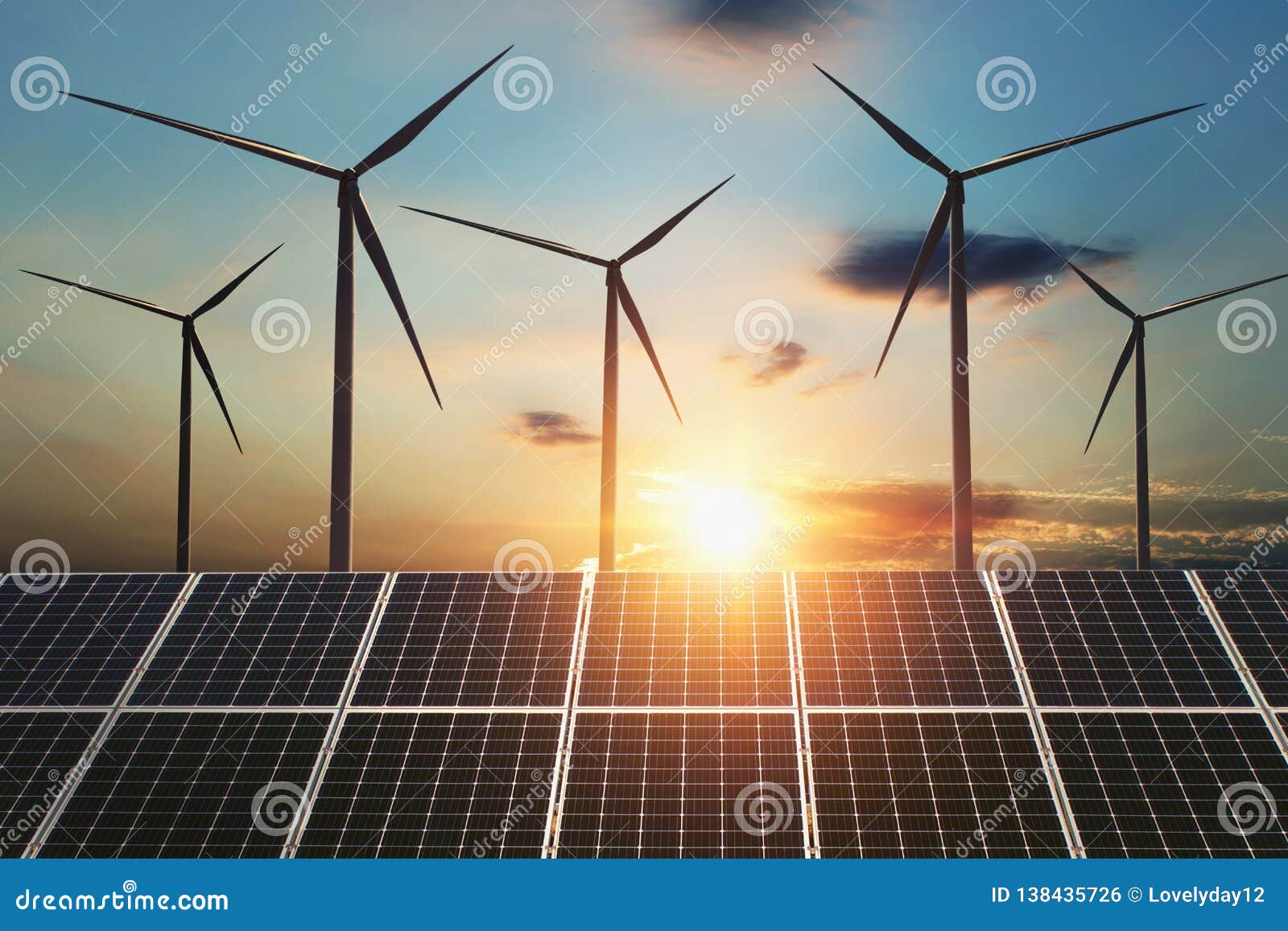 Concept Clean Energy. Wind Turbine and Solar Panel in Sunris Stock