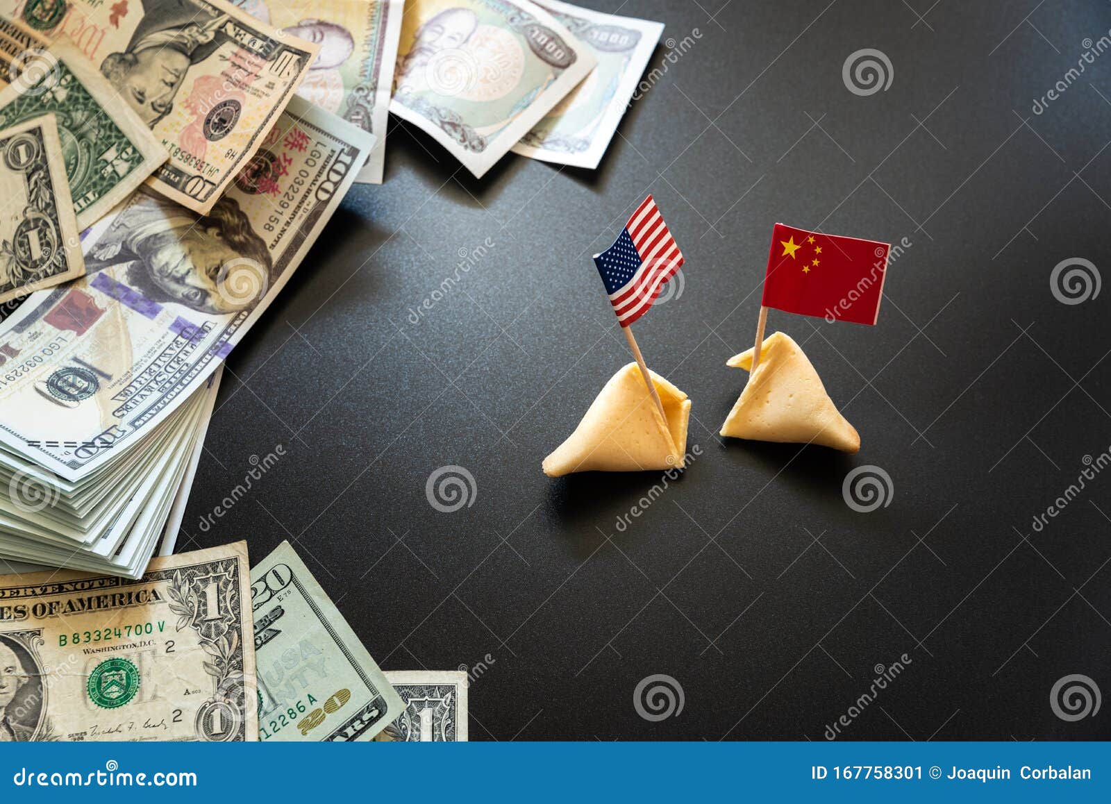 concept of commercial war between usa and china, with dollar bills and flags of the capitalist countries and biscuit