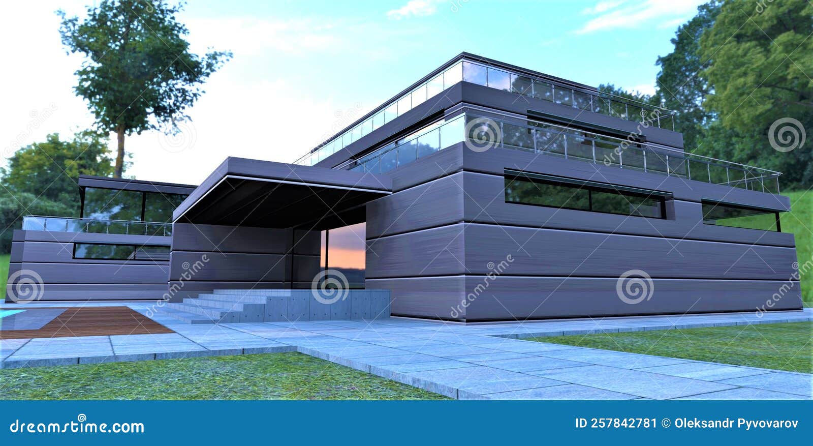 the concept of a compact futuristic private house finished with a heat-saving composite material based on carbon fiber and