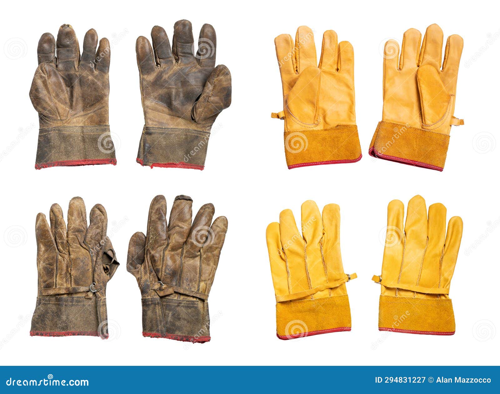 concept of comparison old vs new leather gloves dirty shabby used versus unworn mitts,  on a transparent or white