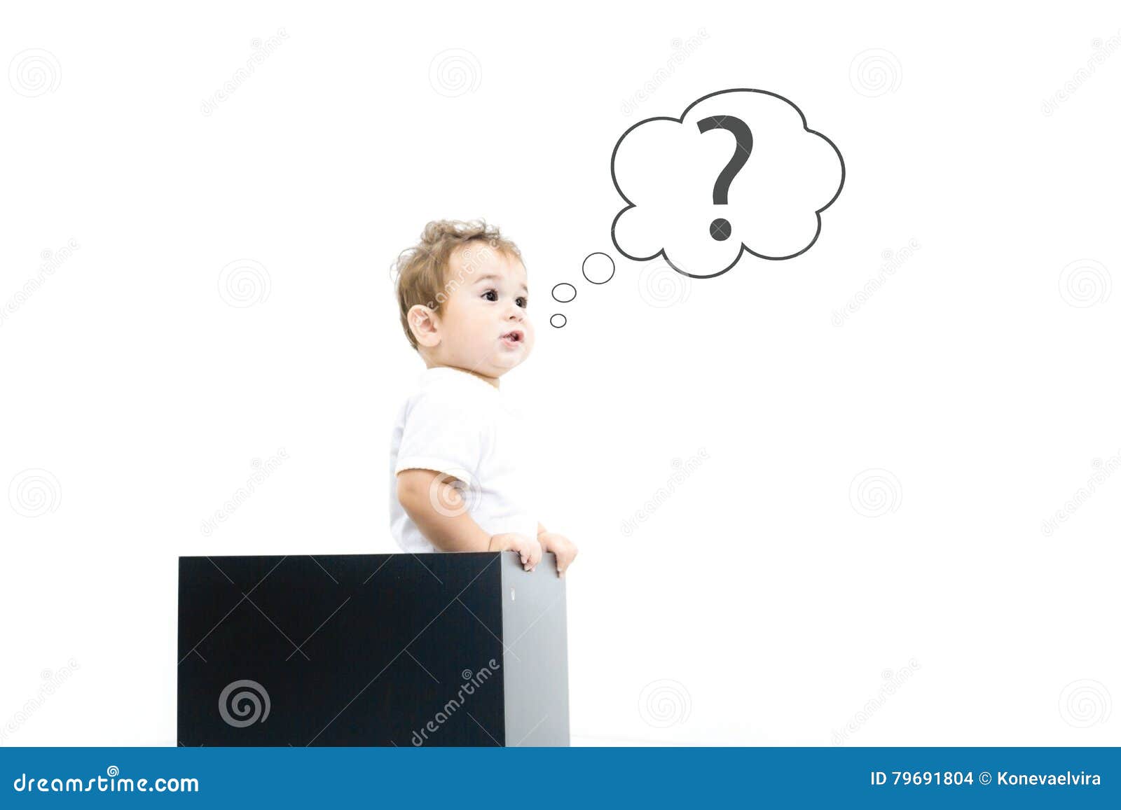 concept for confusion, inspiration and solution. little boy looks out of the box, looking for the answer, the question mark, the