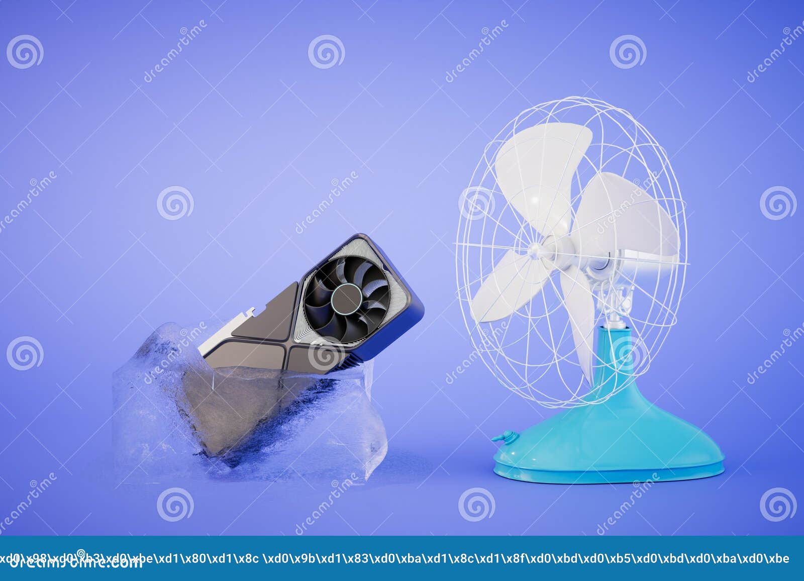 The Concept of Cooling the Video Card. a Graphics Card in a Piece of Melting Ice and a Fan Stock