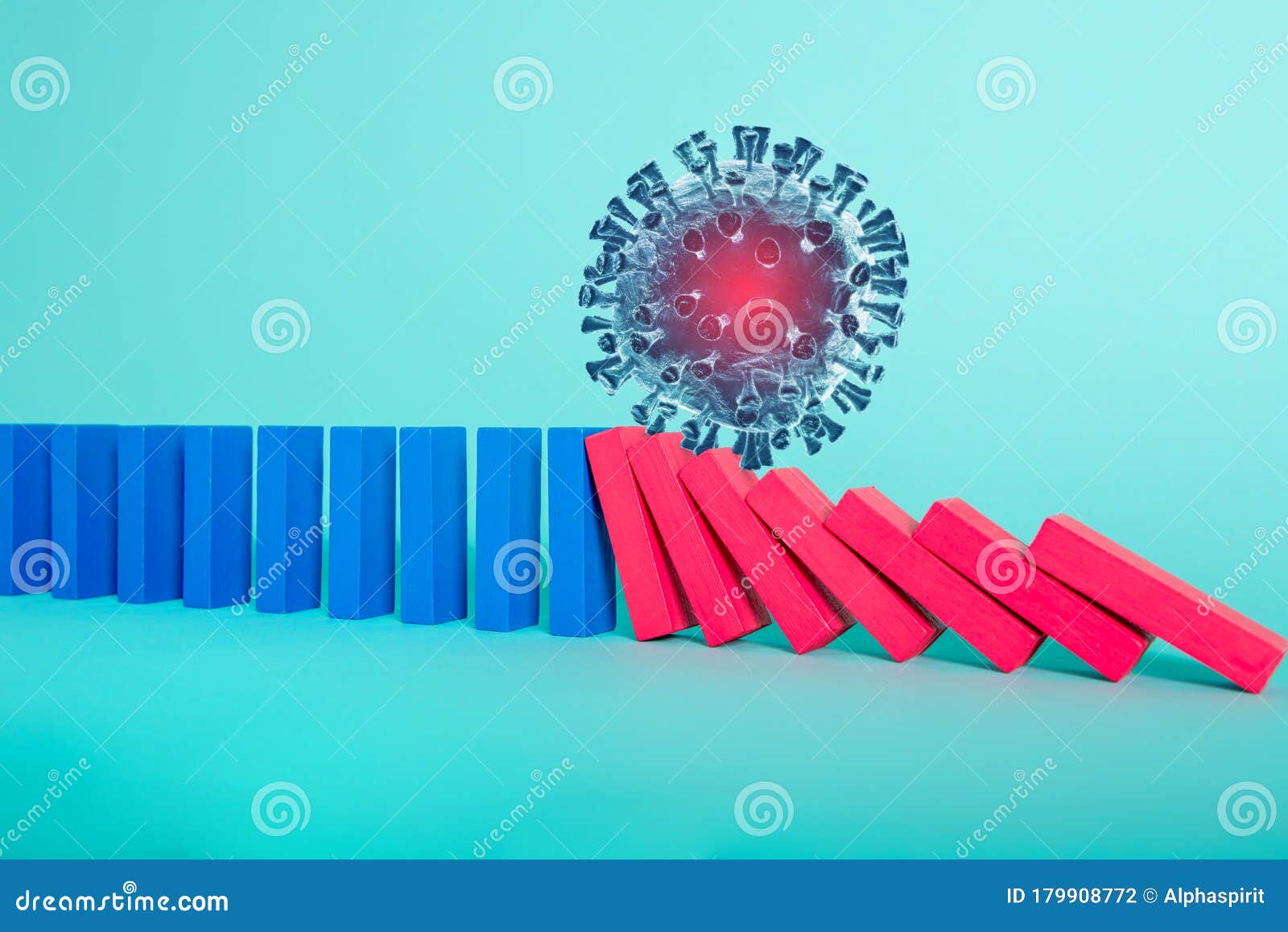 concept of covid19 coronavirus pandemic with falling chain like a domino game. contagion and infection progression. cyan