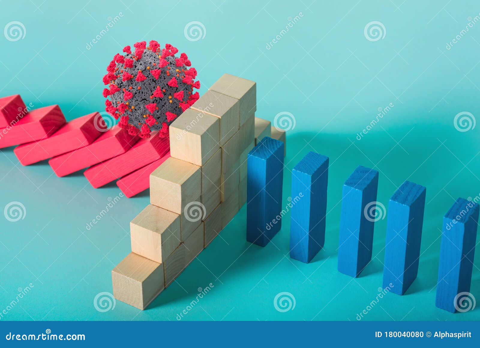 concept of coronavirus pandemic with falling chain like a domino game. contagion and infection progression