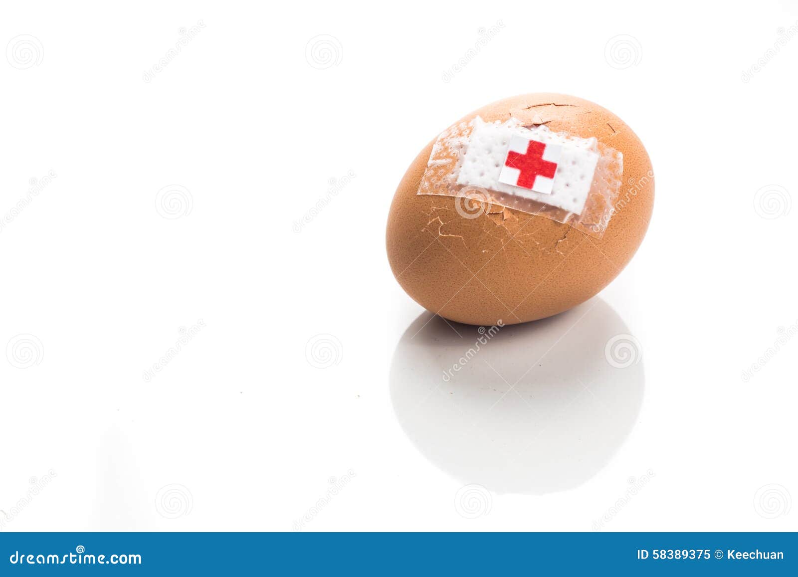 Concept of Cracked Egg with Bandage with Other Eggs on Tray. Stock