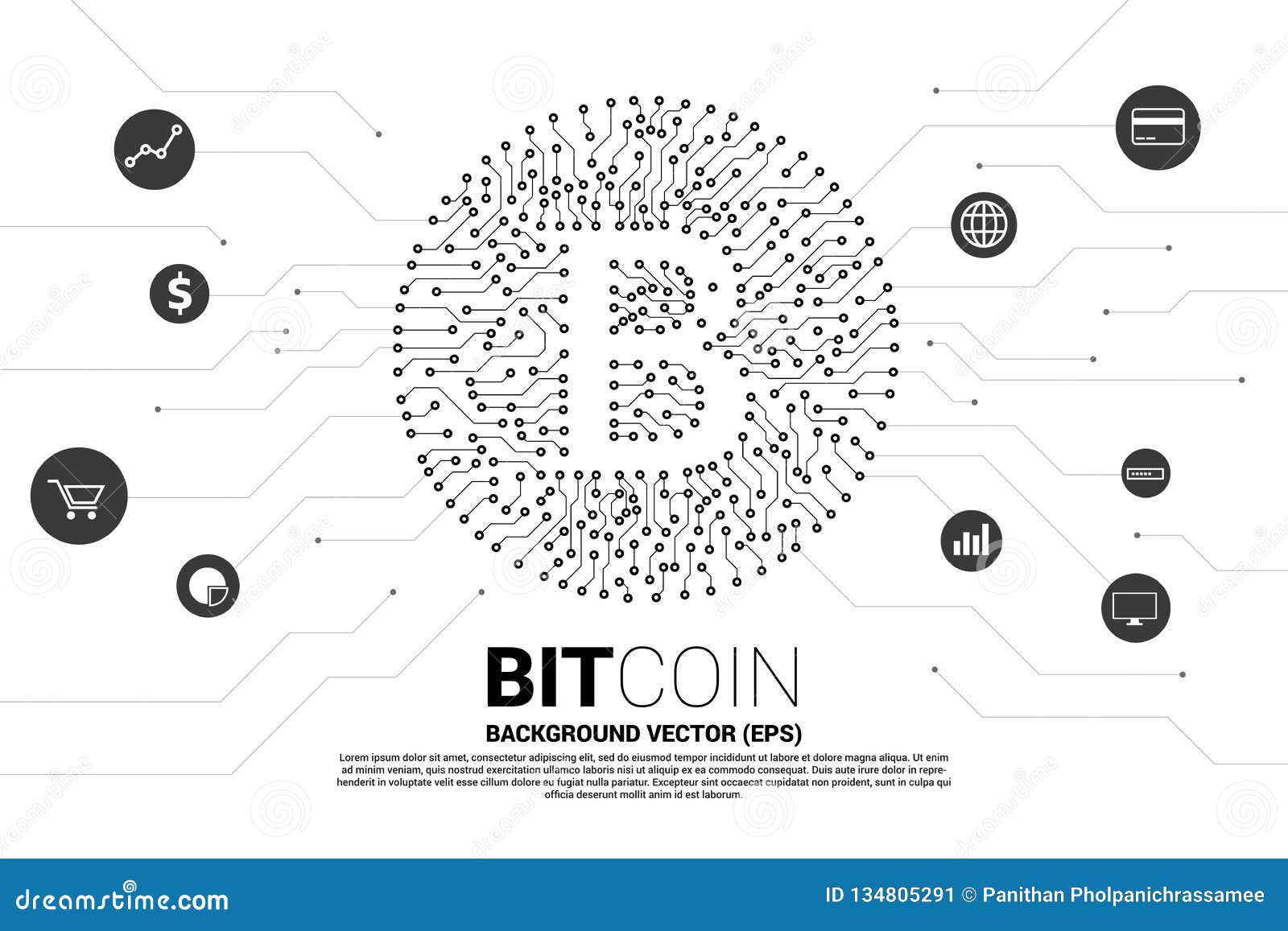 Vector Bitcoin Icon From Circuit Board Style Dot Connect Line With Functional Icon Stock Illustration Illustration Of Conceptual Coin 134805291