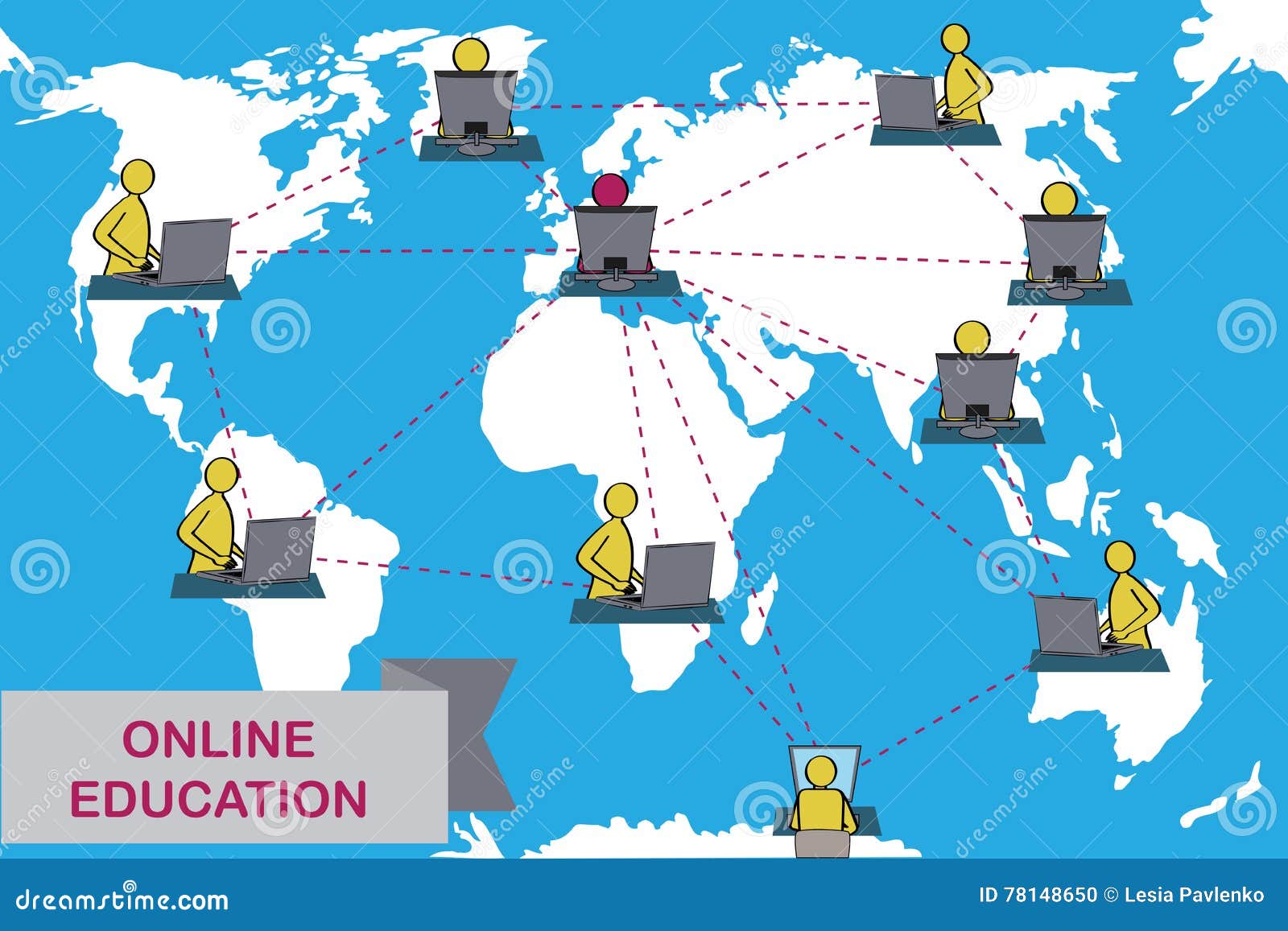 Concept de formation à distance et d'apprentissage en ligne Le tuteur instruit des étudiants de différents pays Fond de carte de la terre Variante européenne de professeur