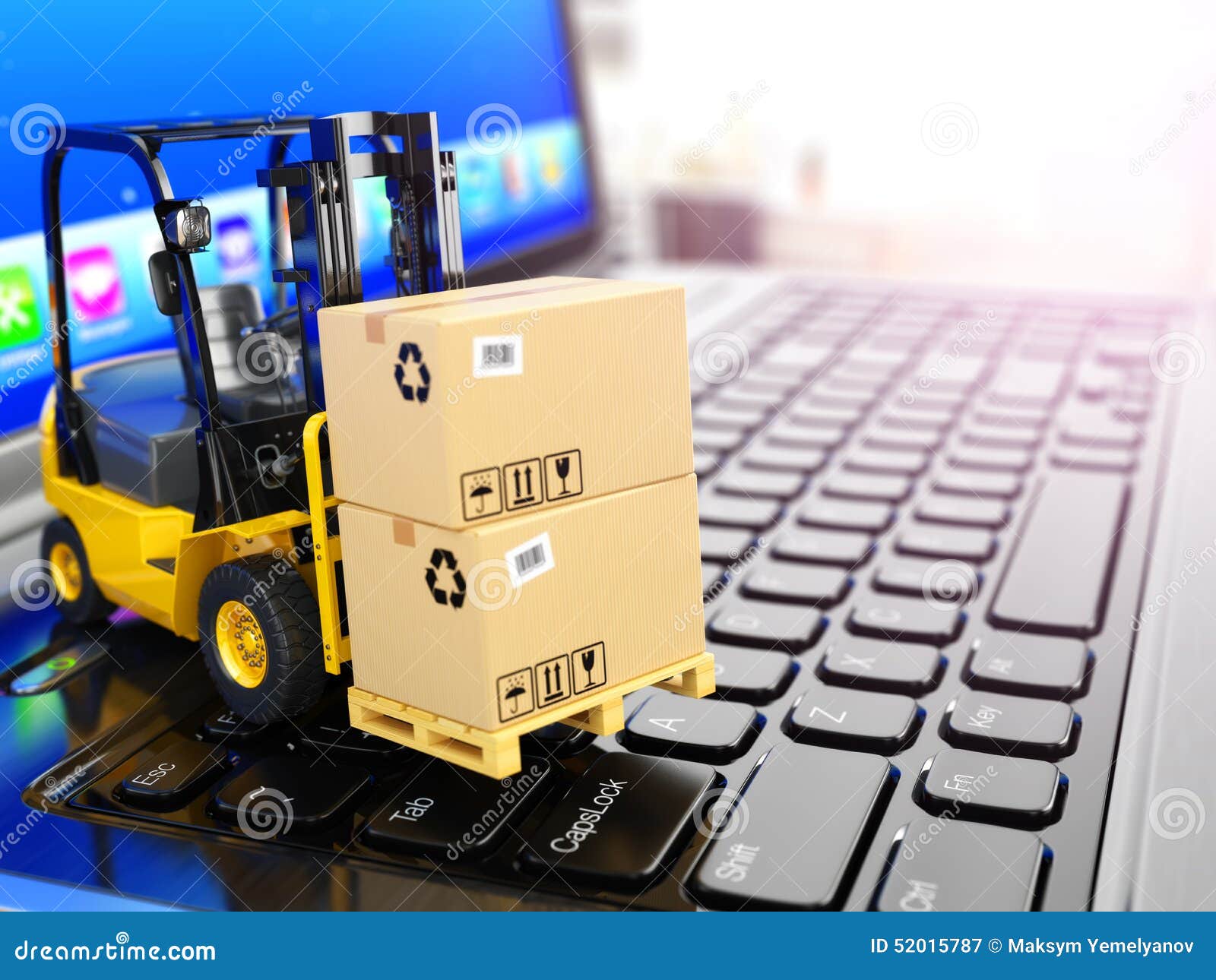 Concept of Delivering, Shipping or Logistics. Forklift on Laptop Stock
