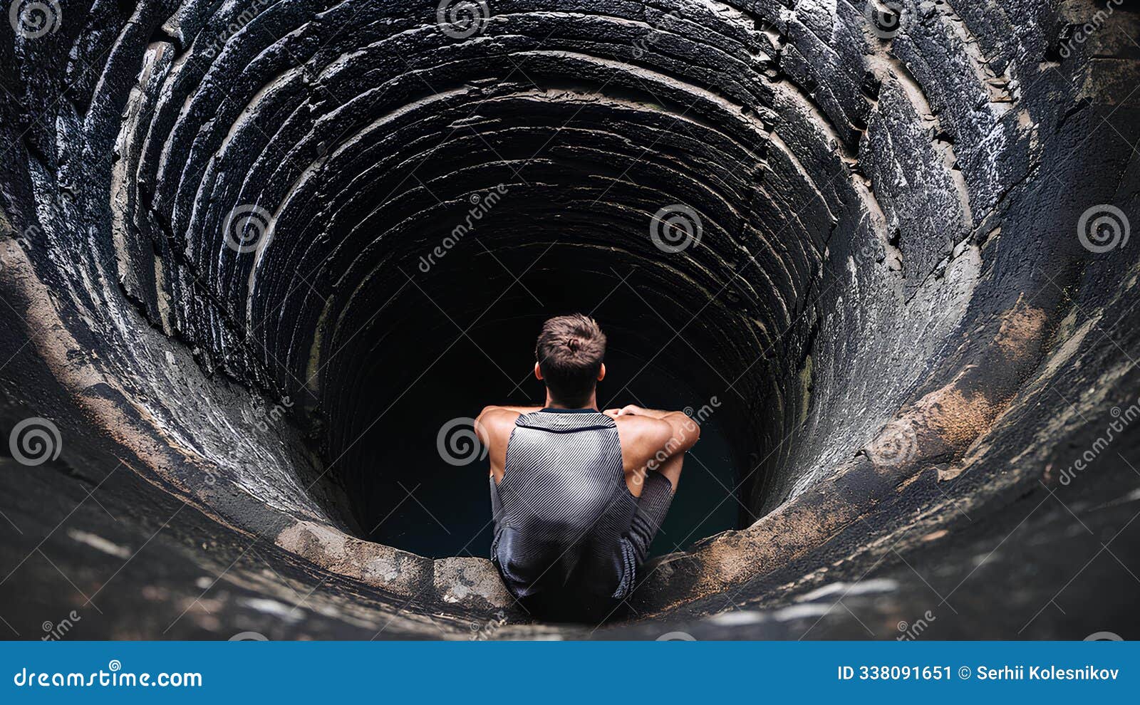 concept: depression, disappointment, despondency and tragedy. man sitting in a deep dark hole, view from above, man in despair