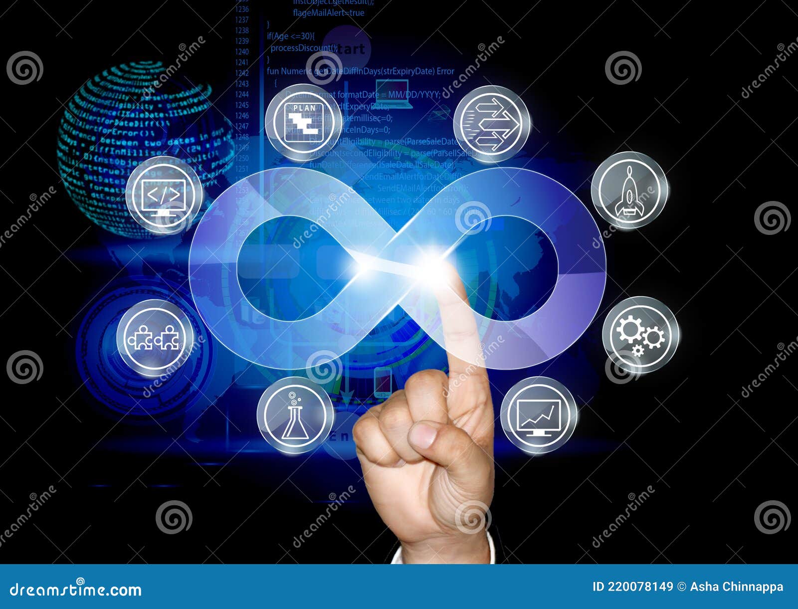 concept of devops, the business man initiating devops process through screen touch