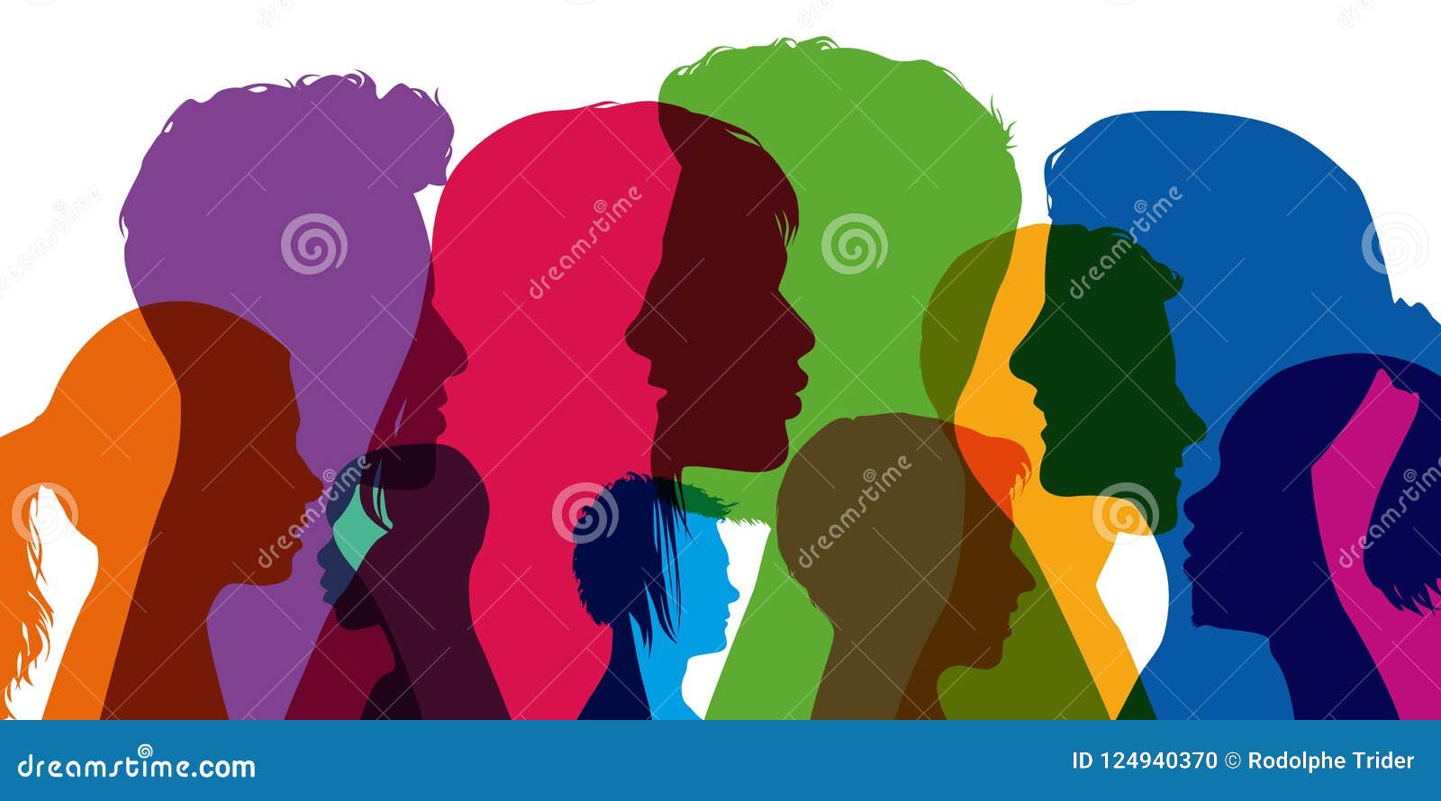 concept of diversity, with silhouettes in colors; showing different profiles of young men and women.