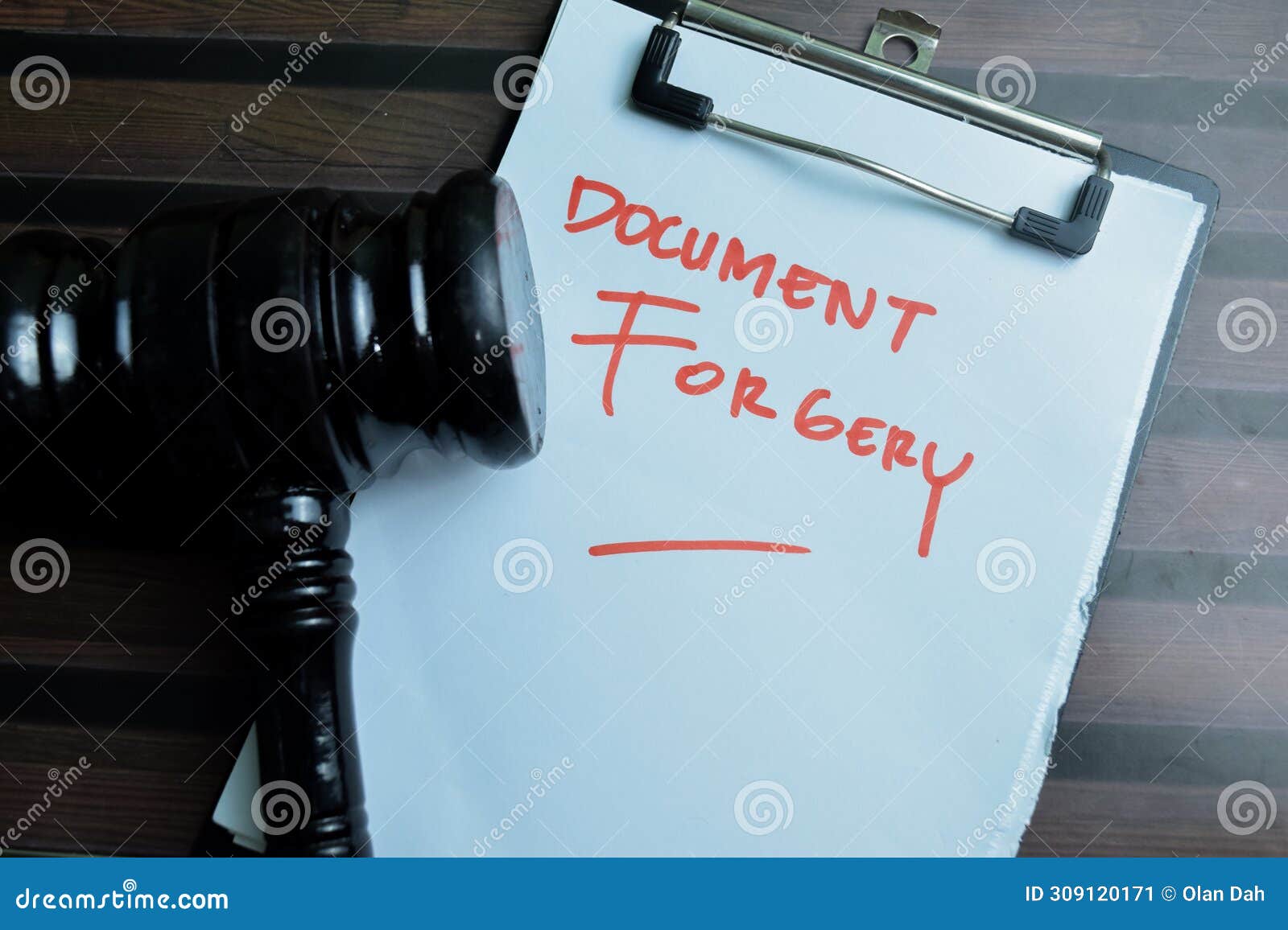 concept of document forgery write on paperwork  on wooden background
