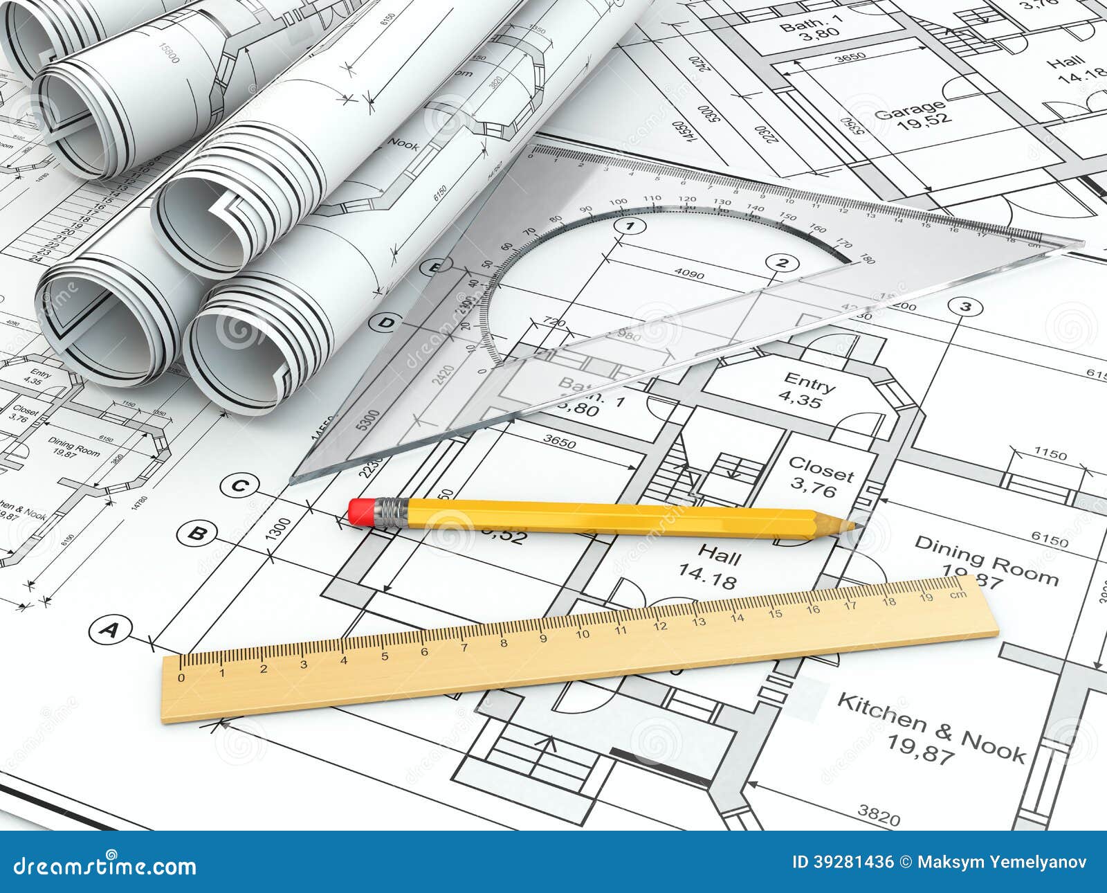 Concept Of Drawing Blueprints And Drafting Tools Stock 