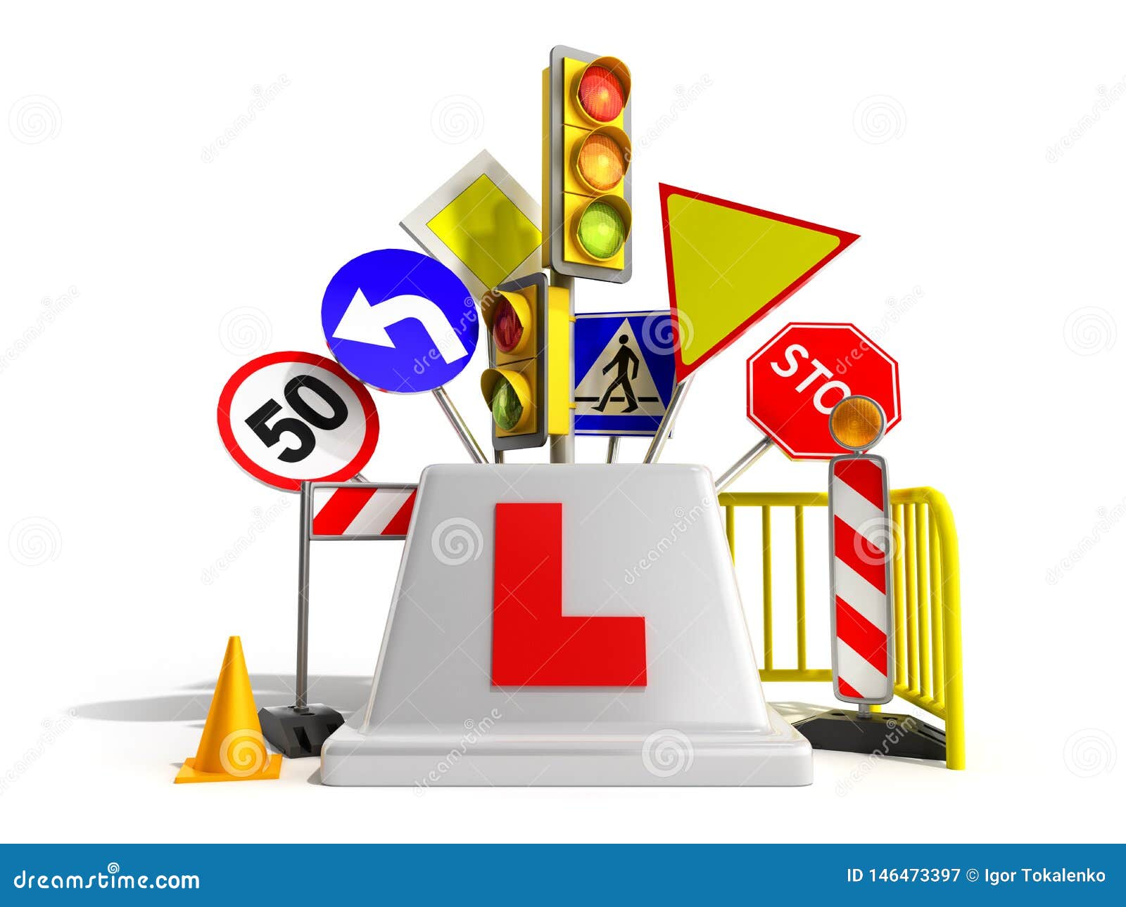 Concept of Driver School Logo Road Signs Traffic Lights Fencing 3d Render  on White Stock Illustration - Illustration of concept, destination:  146473397