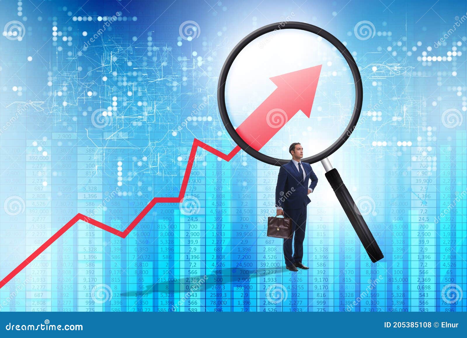 Concept of Economic Growth with Chart and Magnifying Glass Stock Photo