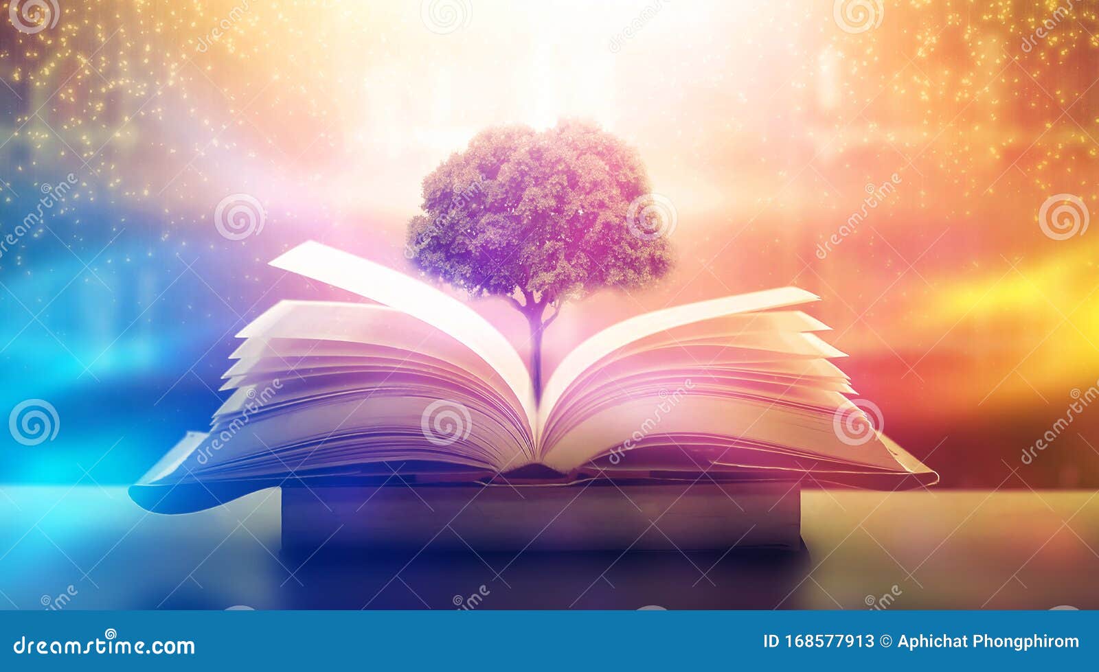 The Concept Of Education By Planting A Tree Of Knowledge In The Opening Of  An Old Book In The Library And The Magical Magic Of Light That Flies To The  Destination Of