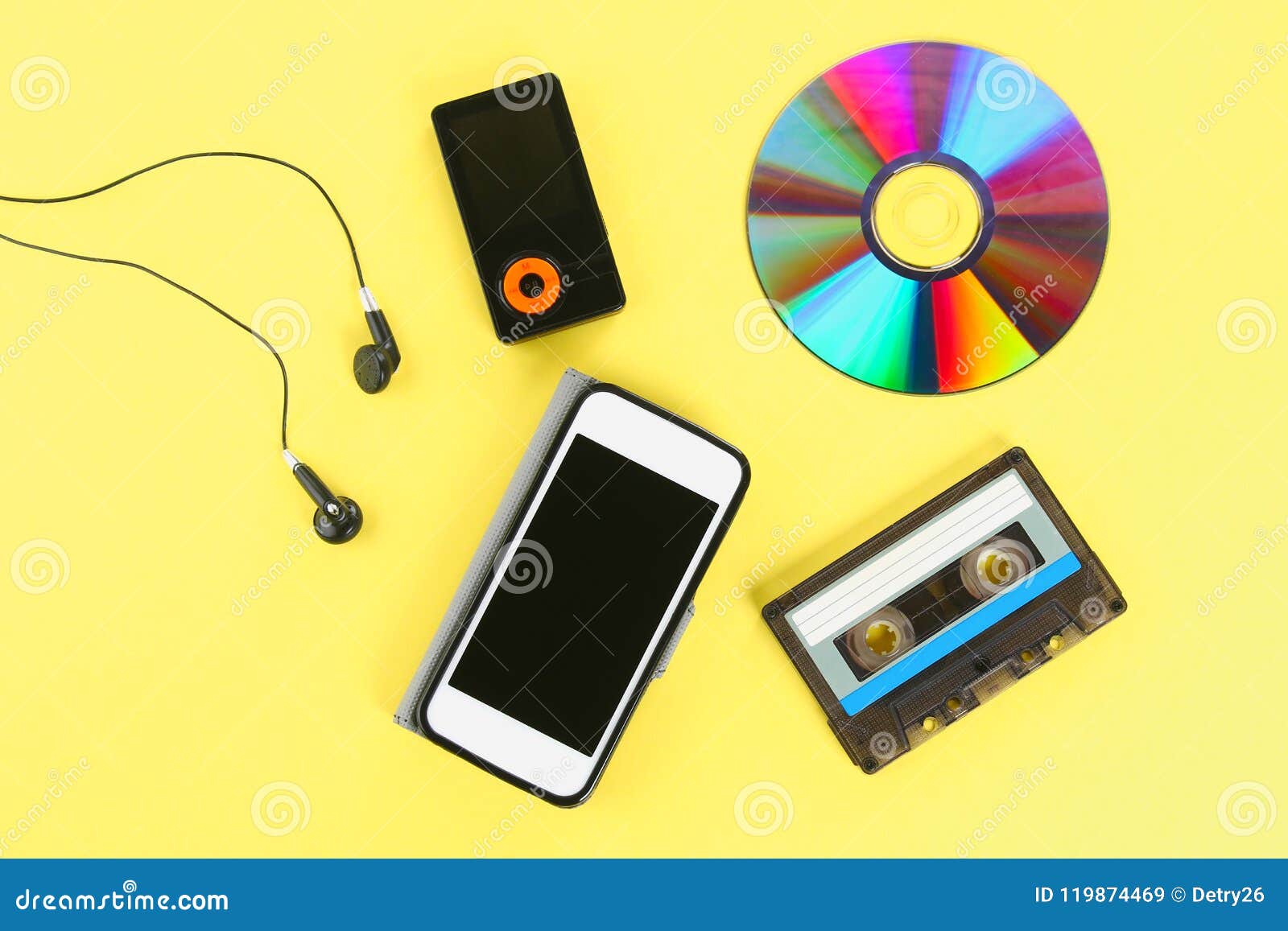The Concept of the Evolution of Music. Cassette, CDdisk, Mp3 Player