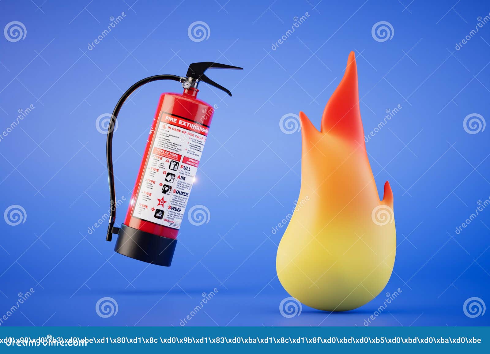 The Concept of Extinguishing the Fire. Fire Extinguisher and Fire on a Blue Background Stock