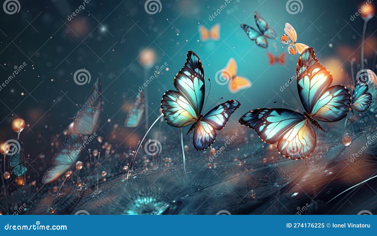 Concept of Fantasy World. Flying Butterflies in a Fantasy World Stock