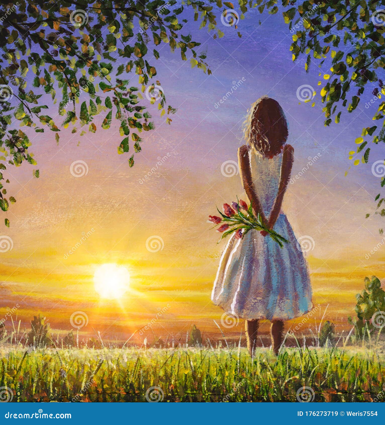 concept of female loneliness. acrylic painting lonely girl with bouquet of wildflowers looks into distance at sunset dawn of sun