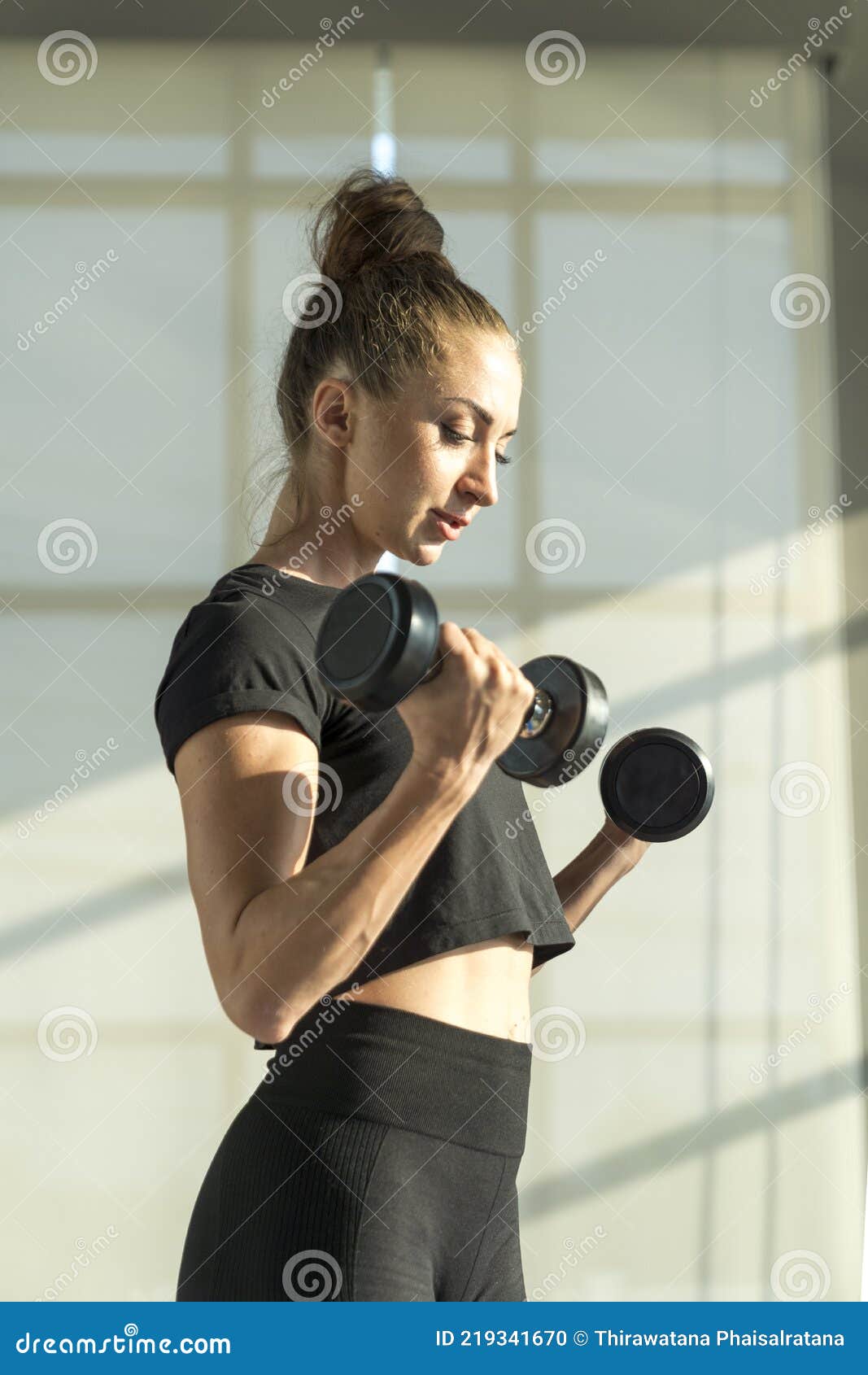 Concept Fitness Sport Training Lifestyle. Active Sport Athletic Woman with Dumbbells  Pumping Up Muscles Body Stock Photo - Image of dumbbell, body: 219341670
