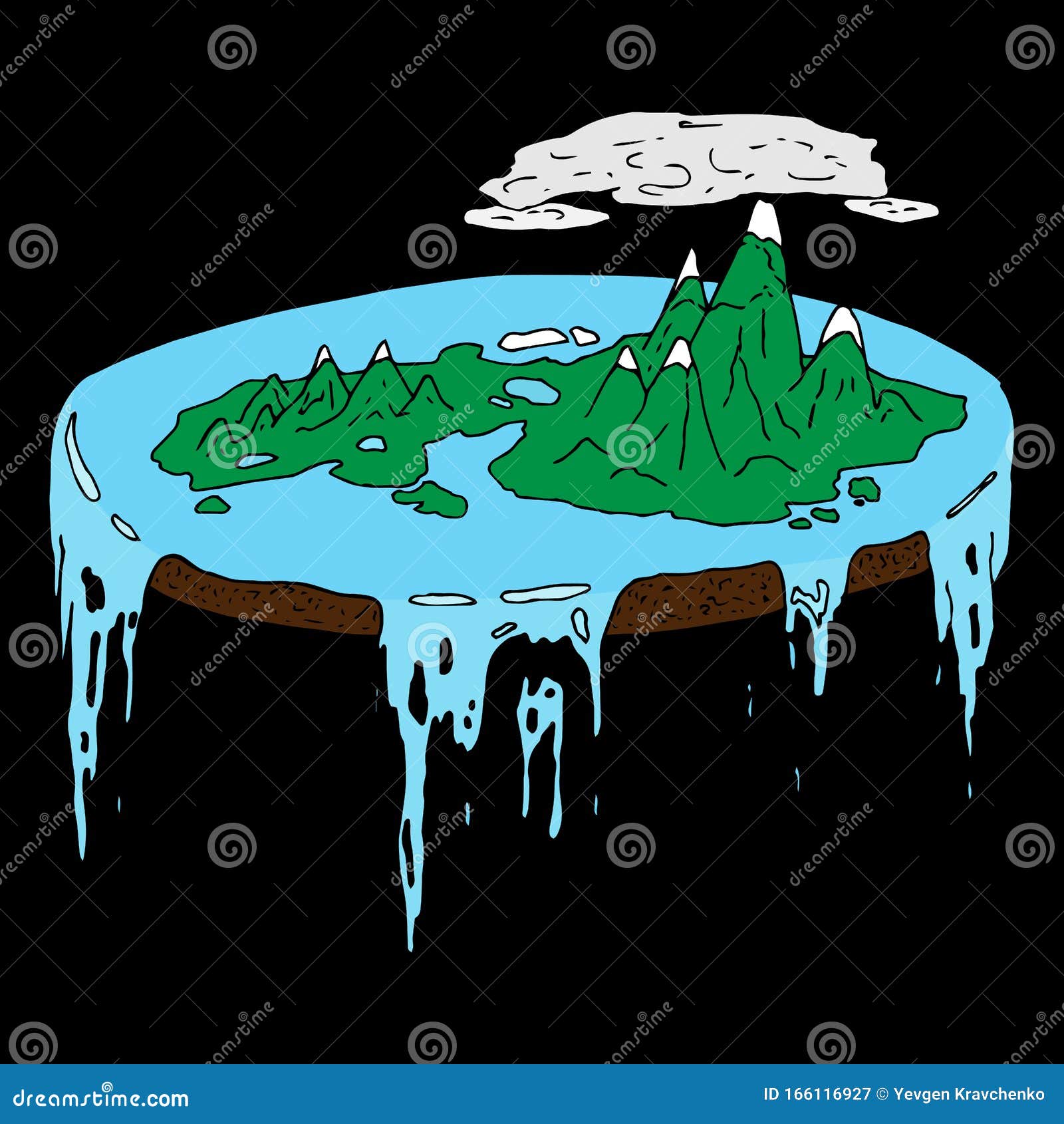 concept of a flat world, a planet with an ocean, a forest and mountains.  ends of the earth with the ocean flowing down.