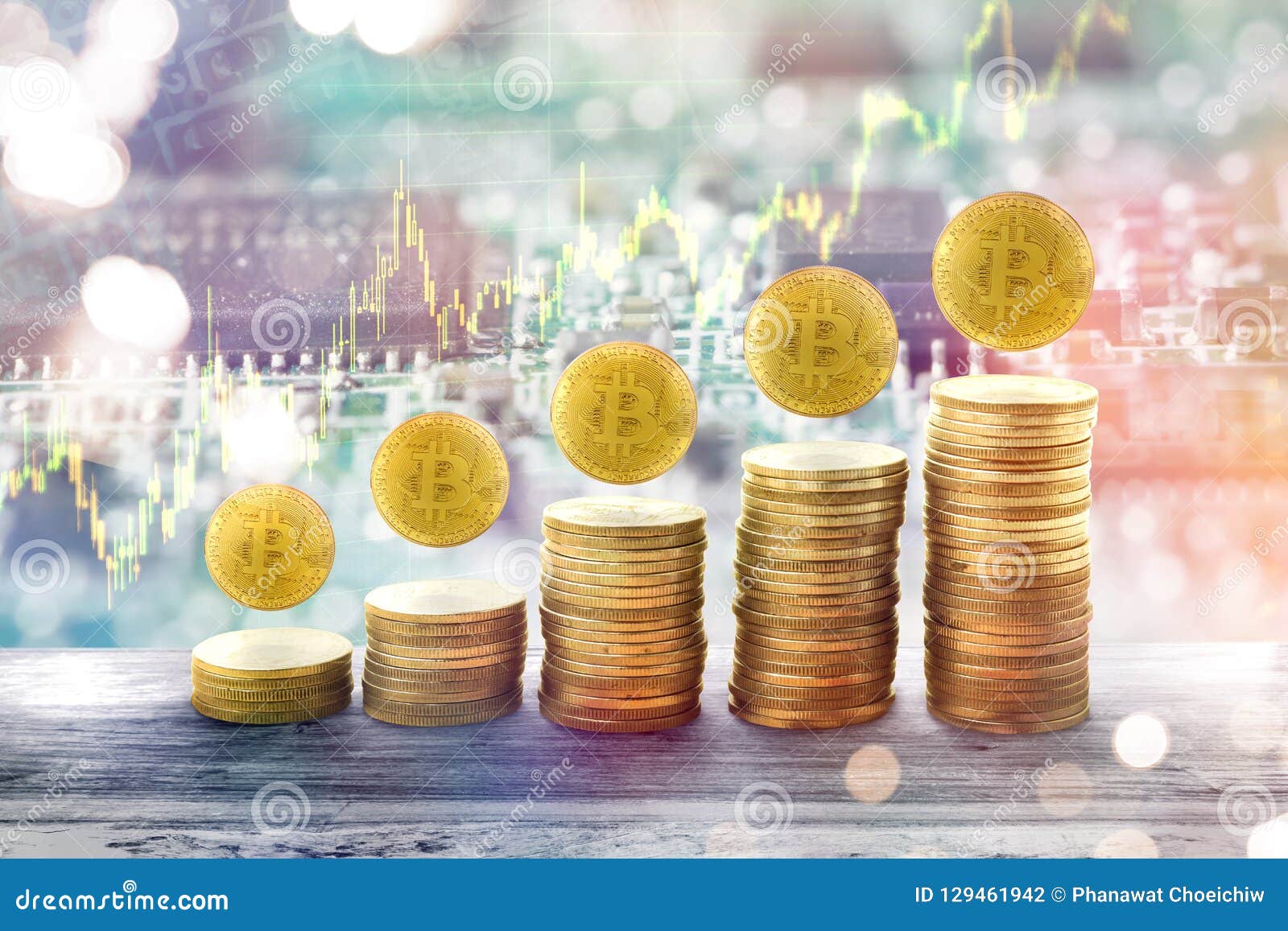 Concept Growing Chart With Golden Bitcoin. Stacks Of Gold ...