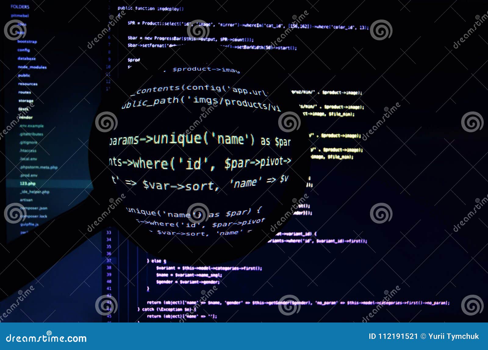 Php Code Under Magnifier. Light Code on the Dark Blue Background Stock
