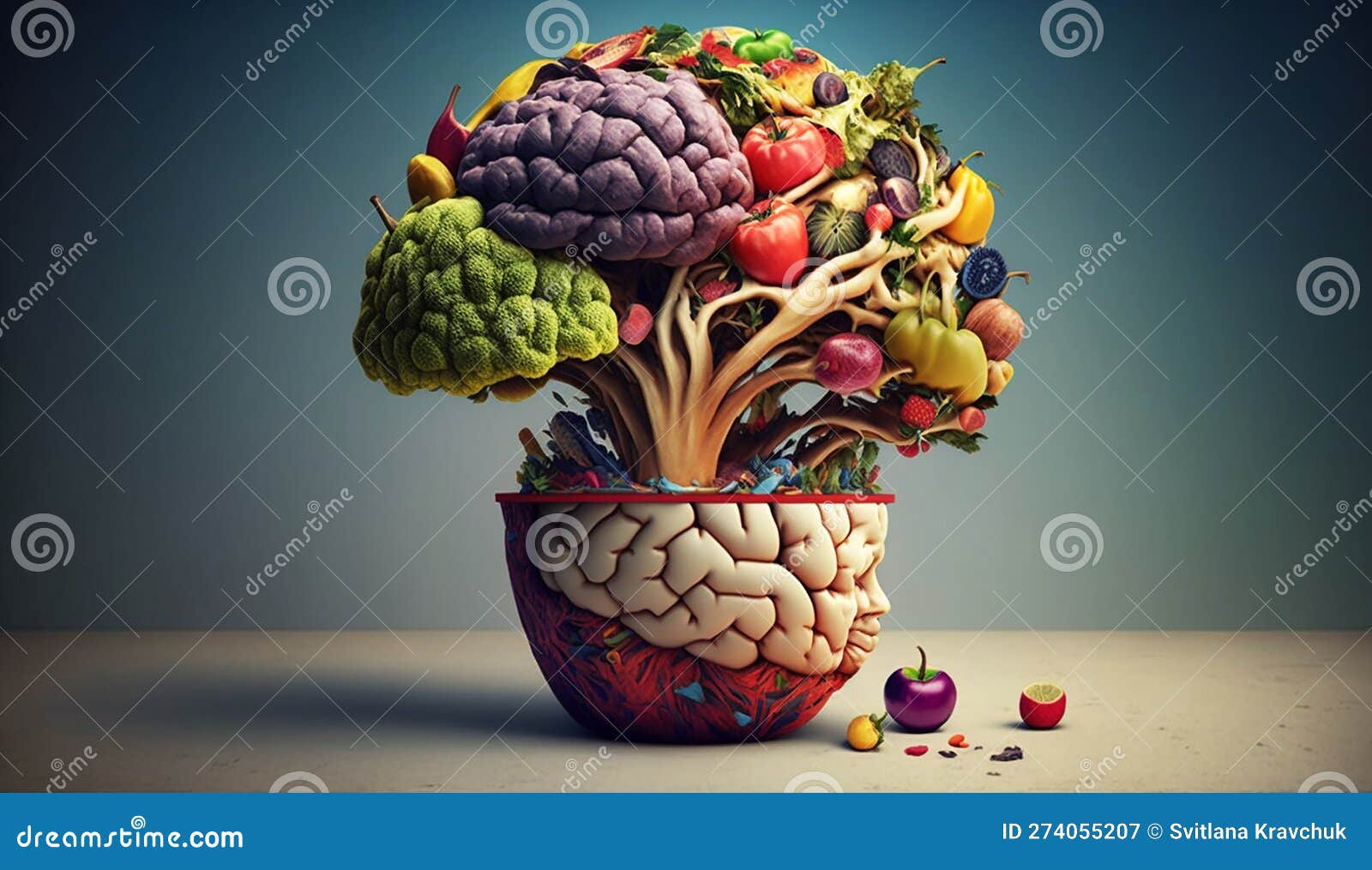the concept of healthy vegetable nutrition. model of the human brain from fruits and vegetables. the concept of a healthy